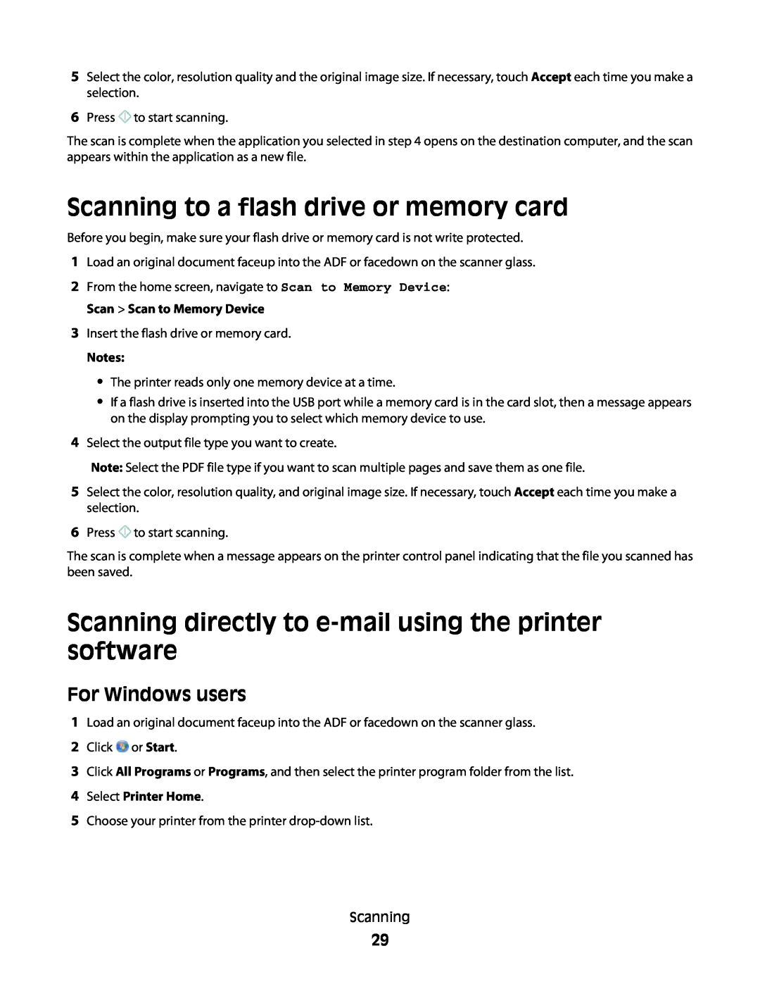 Lexmark S600 manual Scanning to a flash drive or memory card, Scanning directly to e-mail using the printer software 