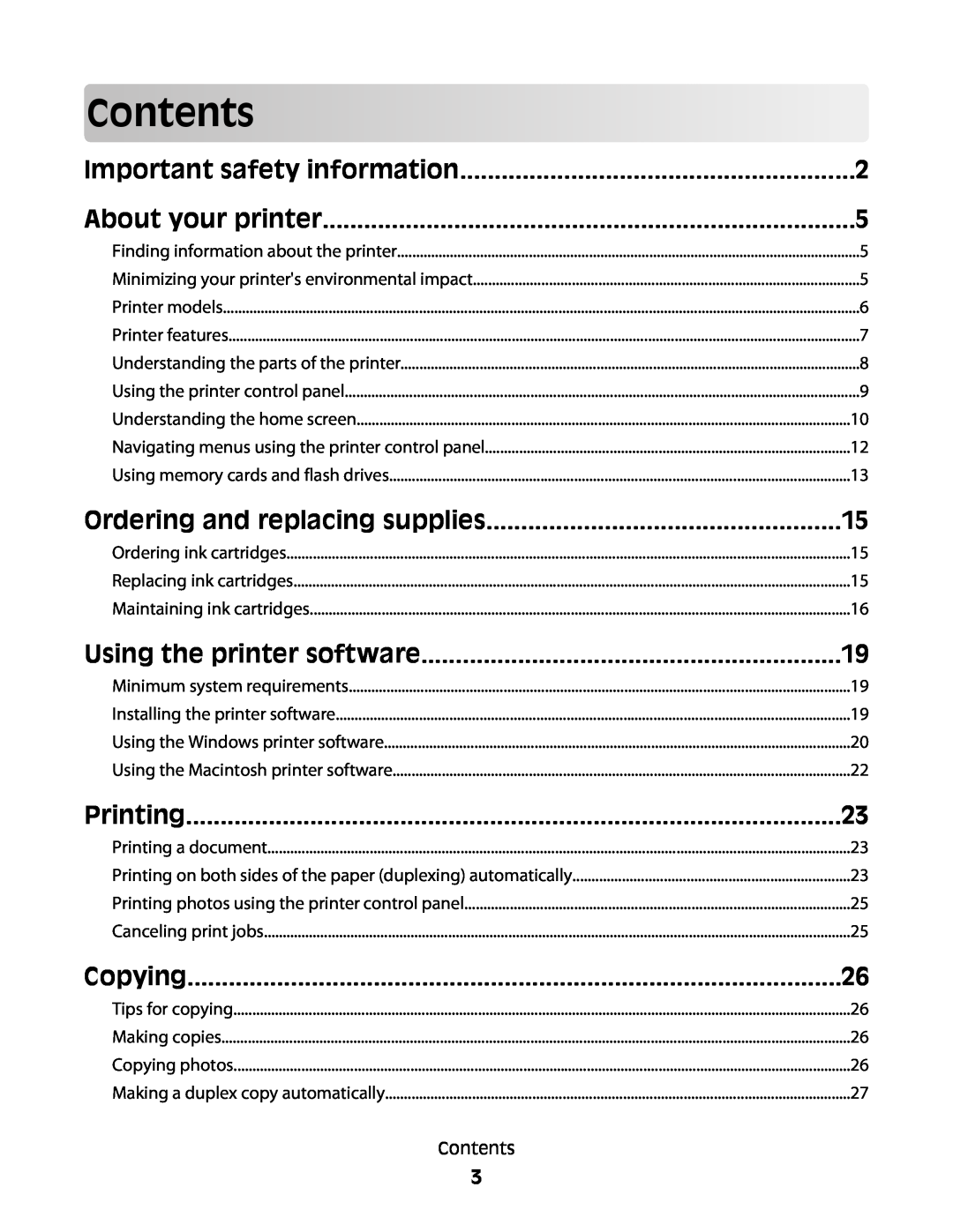Lexmark S600 manual Contents, Important safety information, About your printer, Ordering and replacing supplies, Printing 