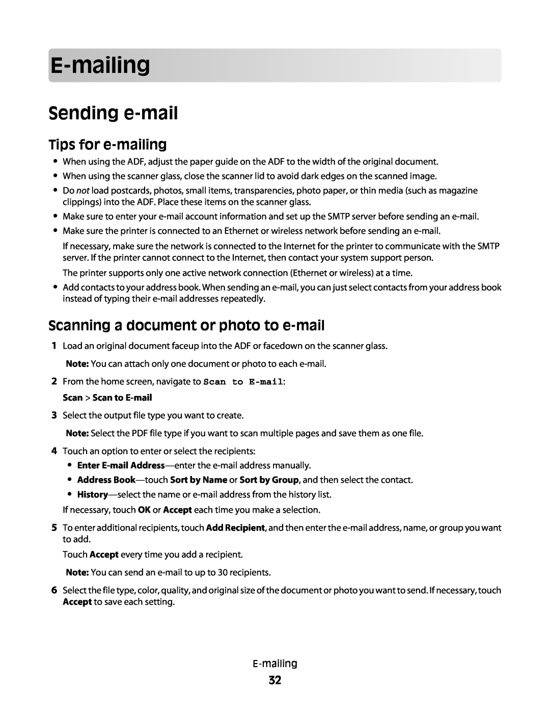 Lexmark S600 manual E-mailing, Sending e-mail, Tips for e-mailing, Scanning a document or photo to e-mail 