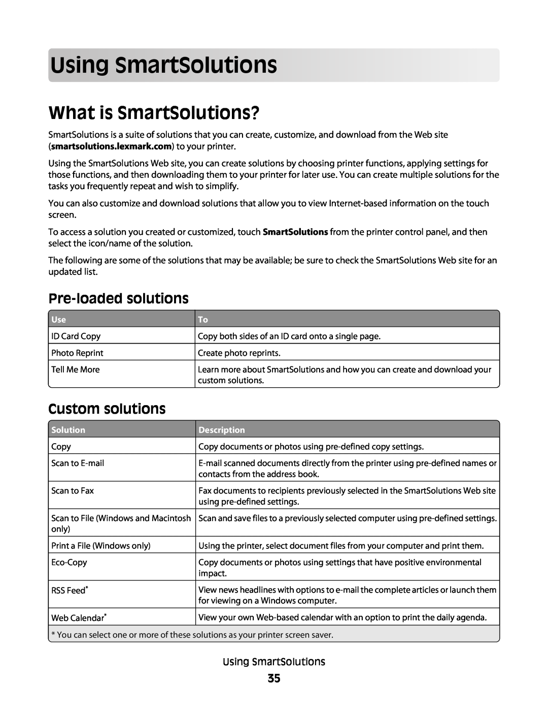Lexmark S600 manual UsingSmartSolutions, What is SmartSolutions?, Pre-loaded solutions, Custom solutions 