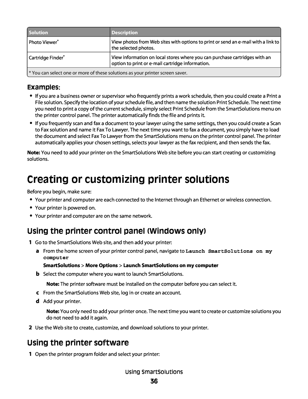 Lexmark S600 manual Creating or customizing printer solutions, Using the printer control panel Windows only, Examples 