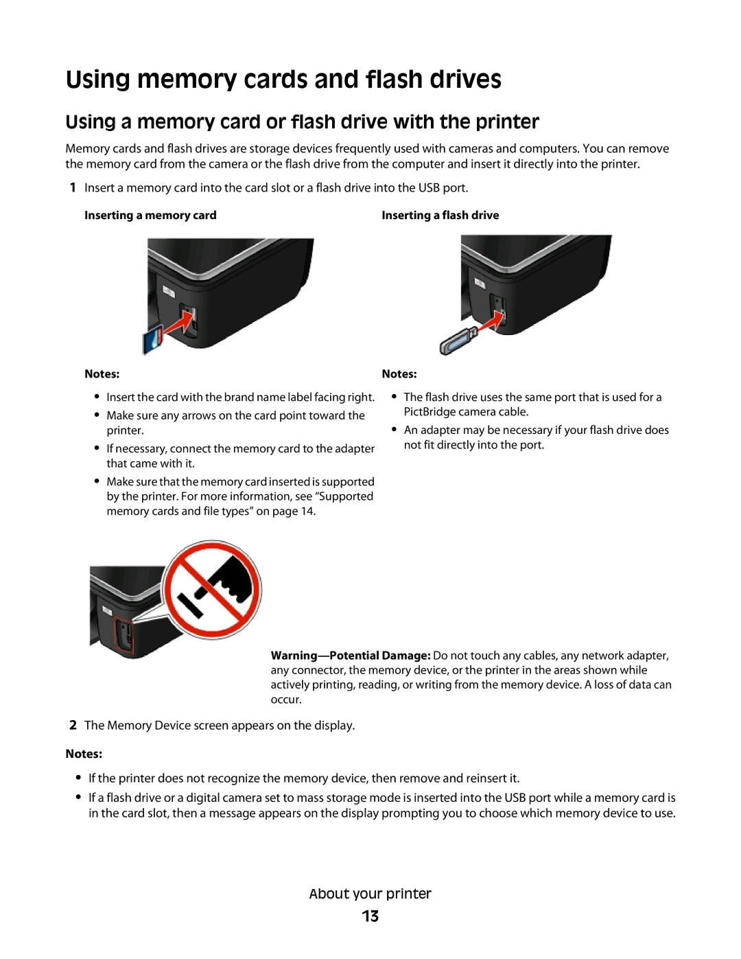 Lexmark S600 manual Using memory cards and flash drives, Using a memory card or flash drive with the printer 