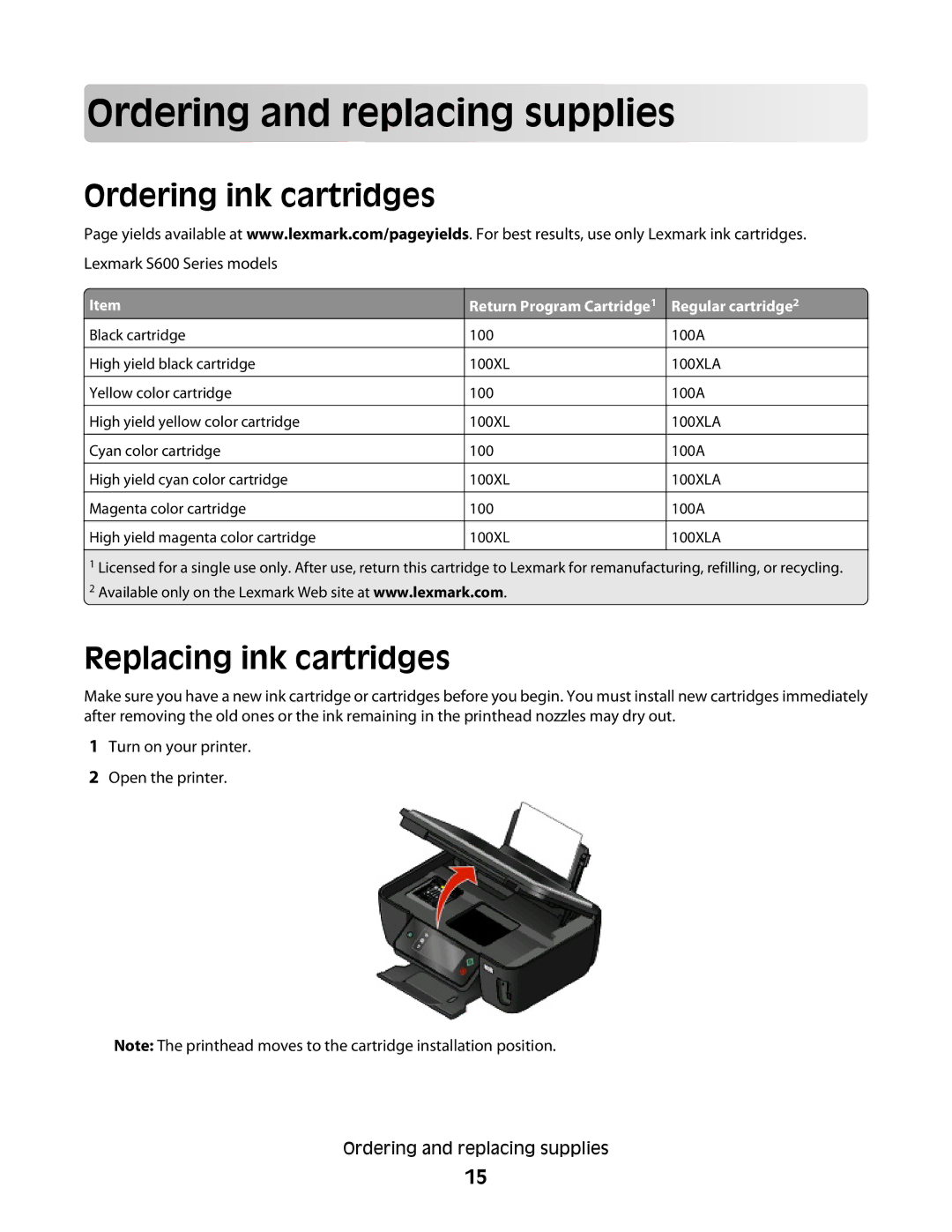 Lexmark S600 Orde rin g an d replac in g supplie s, Ordering ink cartridges, Replacing ink cartridges, Regular cartridge2 