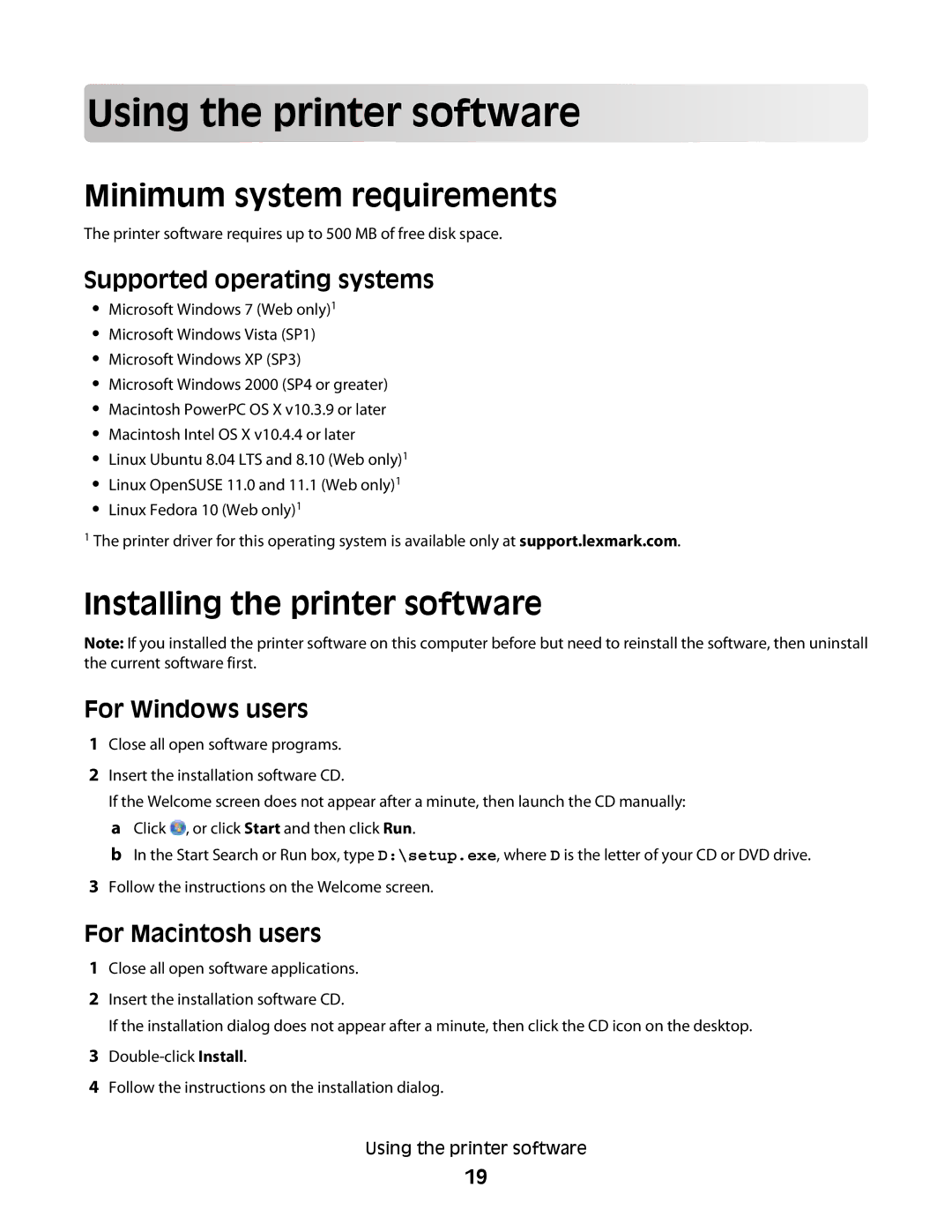 Lexmark S600 manual Using th e printe r so f t w are, Minimum system requirements, Installing the printer software 