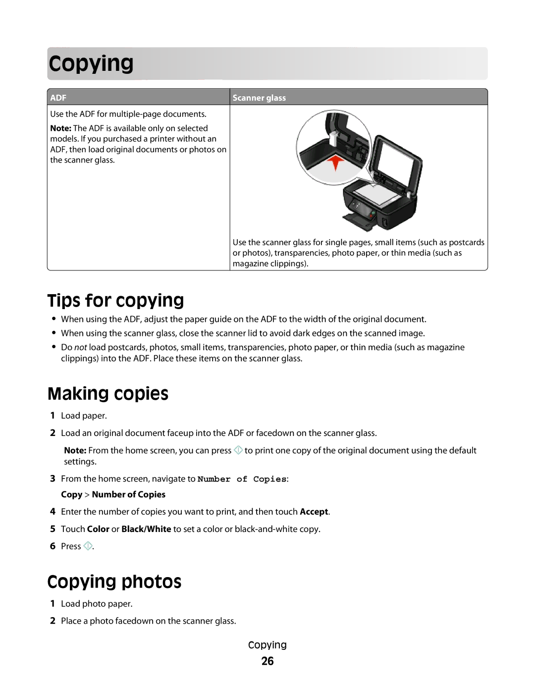 Lexmark S600 manual Cop ying, Tips for copying, Making copies, Copying photos, Scanner glass 