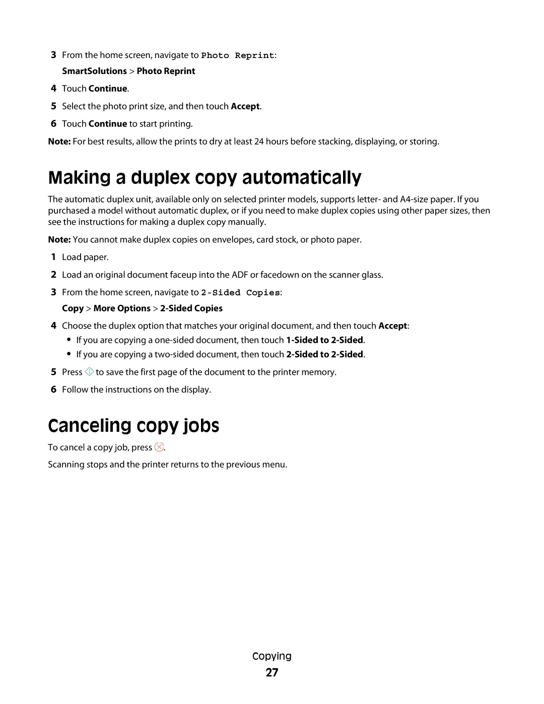 Lexmark S600 manual Making a duplex copy automatically, Canceling copy jobs 