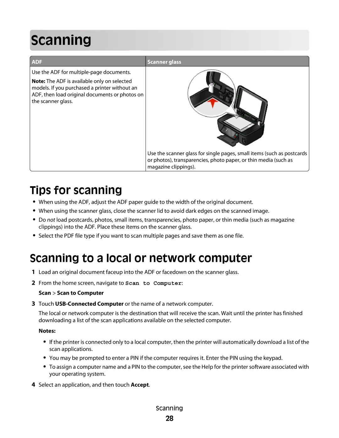 Lexmark S600 manual Scan ning, Tips for scanning, Scanning to a local or network computer 