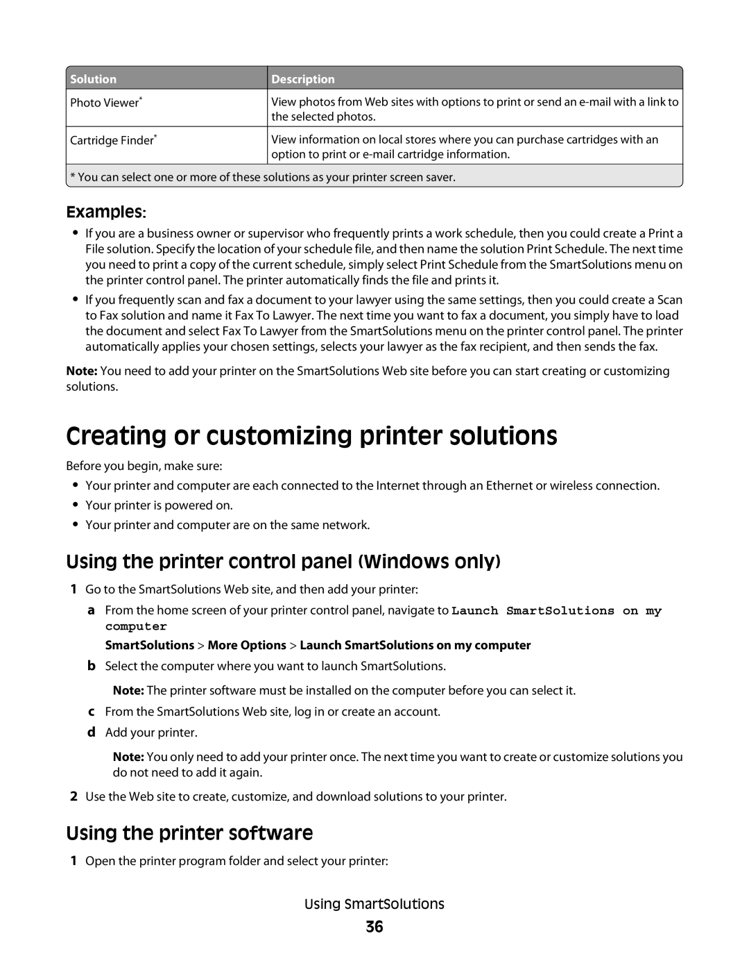 Lexmark S600 manual Creating or customizing printer solutions, Using the printer control panel Windows only 