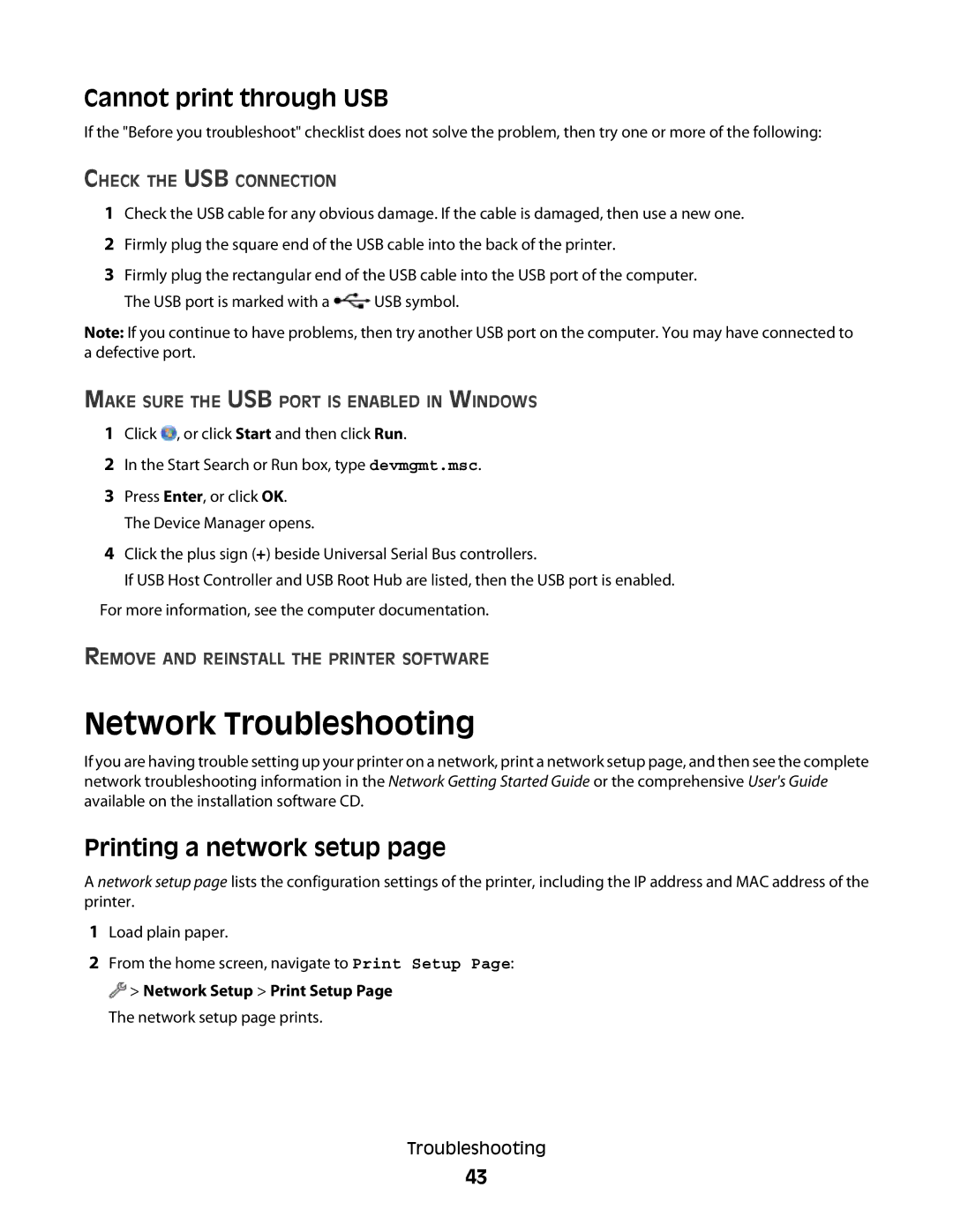 Lexmark S600 manual Network Troubleshooting, Cannot print through USB, Printing a network setup 