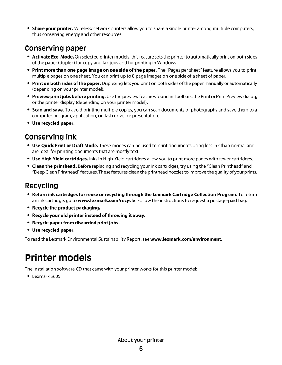 Lexmark S600 manual Printer models, Conserving paper, Conserving ink, Recycling 