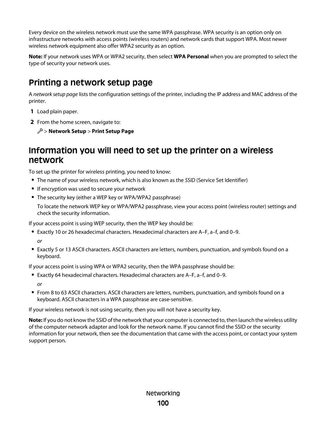 Lexmark S800 manual Printing a network setup, 100, Network Setup Print Setup 