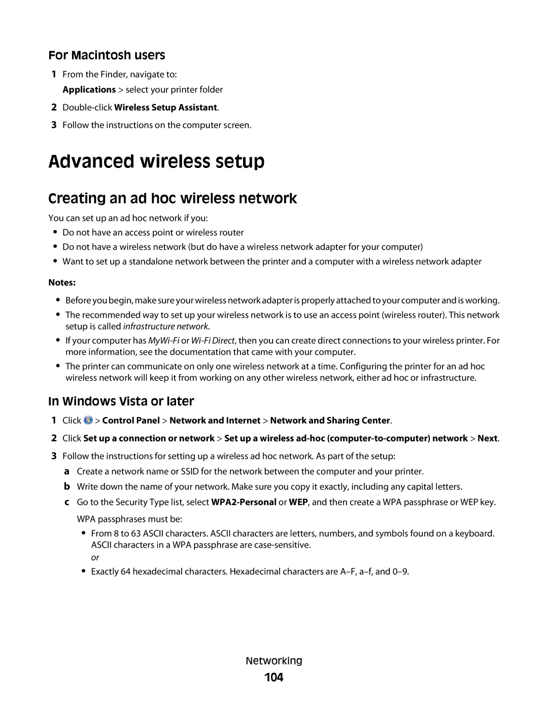 Lexmark S800 manual Advanced wireless setup, Creating an ad hoc wireless network, Windows Vista or later, 104 