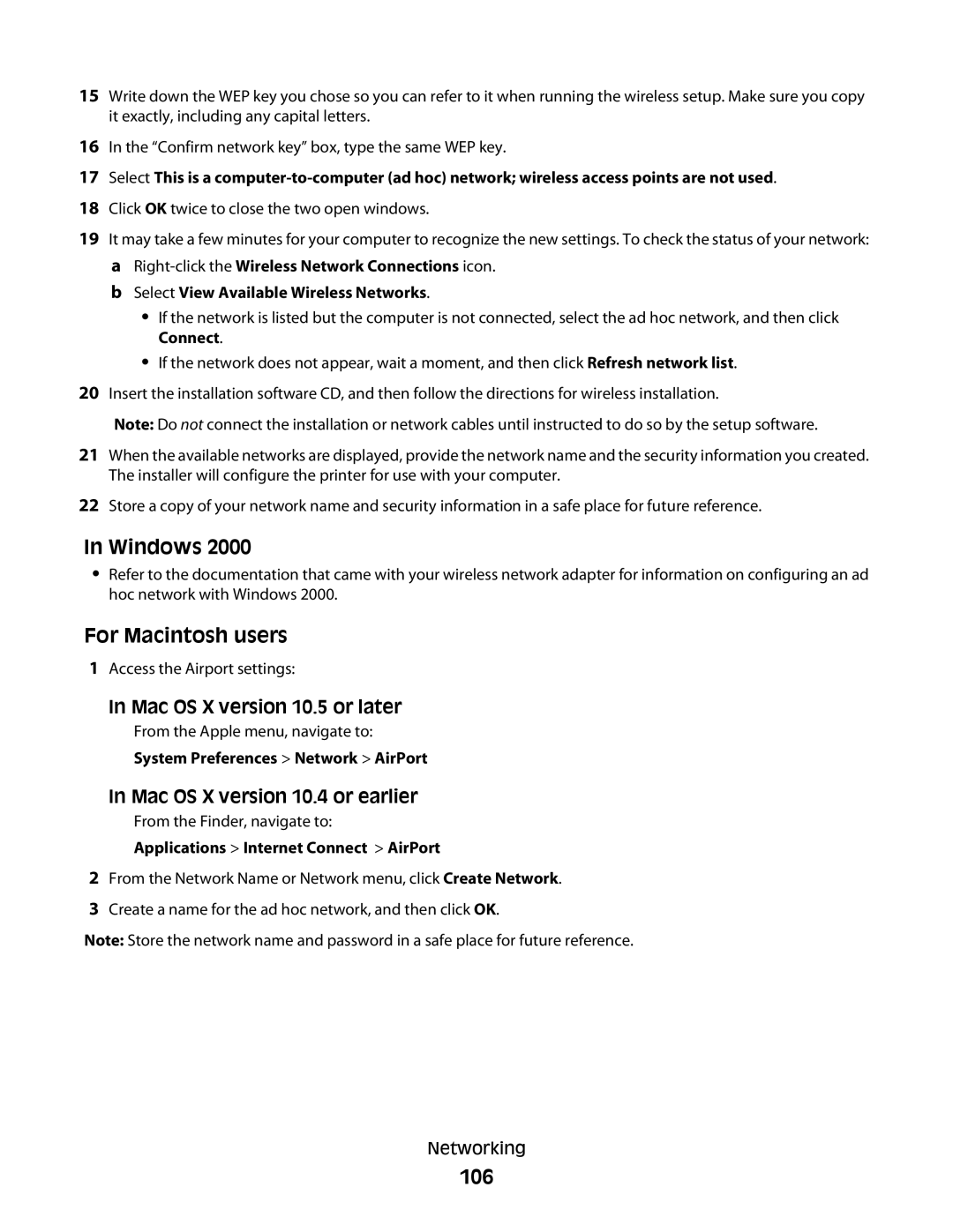 Lexmark S800 manual Windows, 106, Mac OS X version 10.5 or later, Mac OS X version 10.4 or earlier 