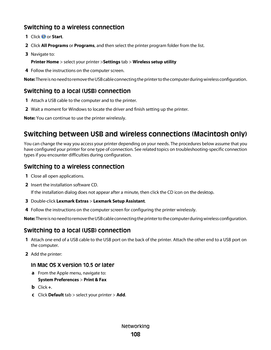 Lexmark S800 manual Switching to a wireless connection, Switching to a local USB connection, 108 