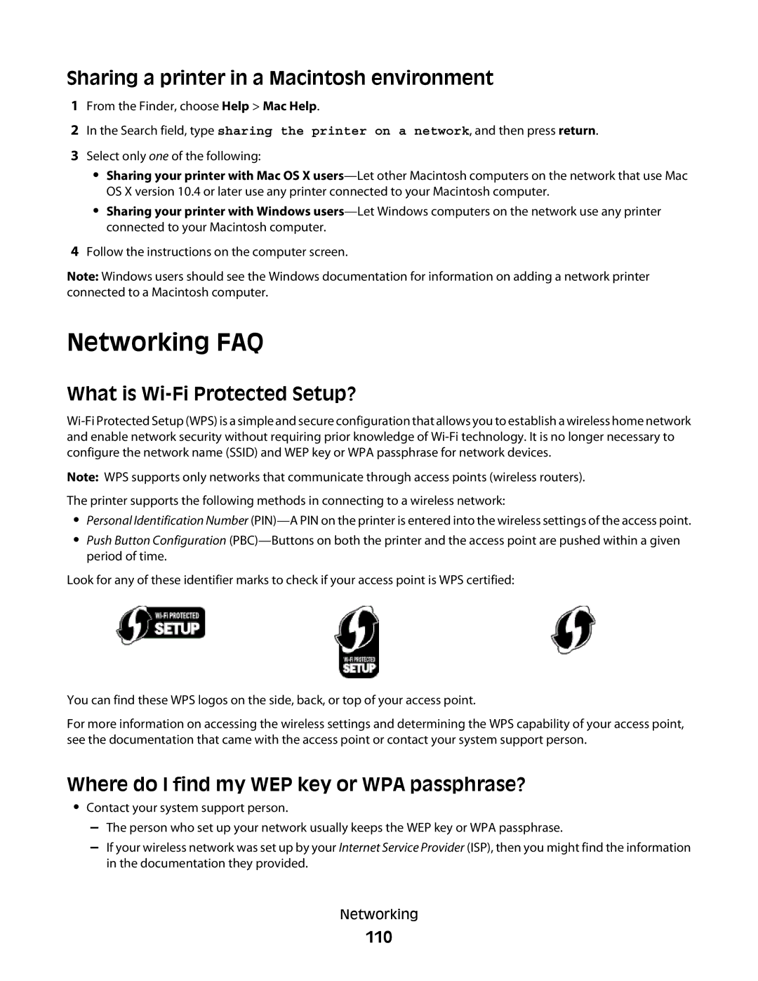 Lexmark S800 manual Networking FAQ, Sharing a printer in a Macintosh environment, What is Wi-Fi Protected Setup?, 110 