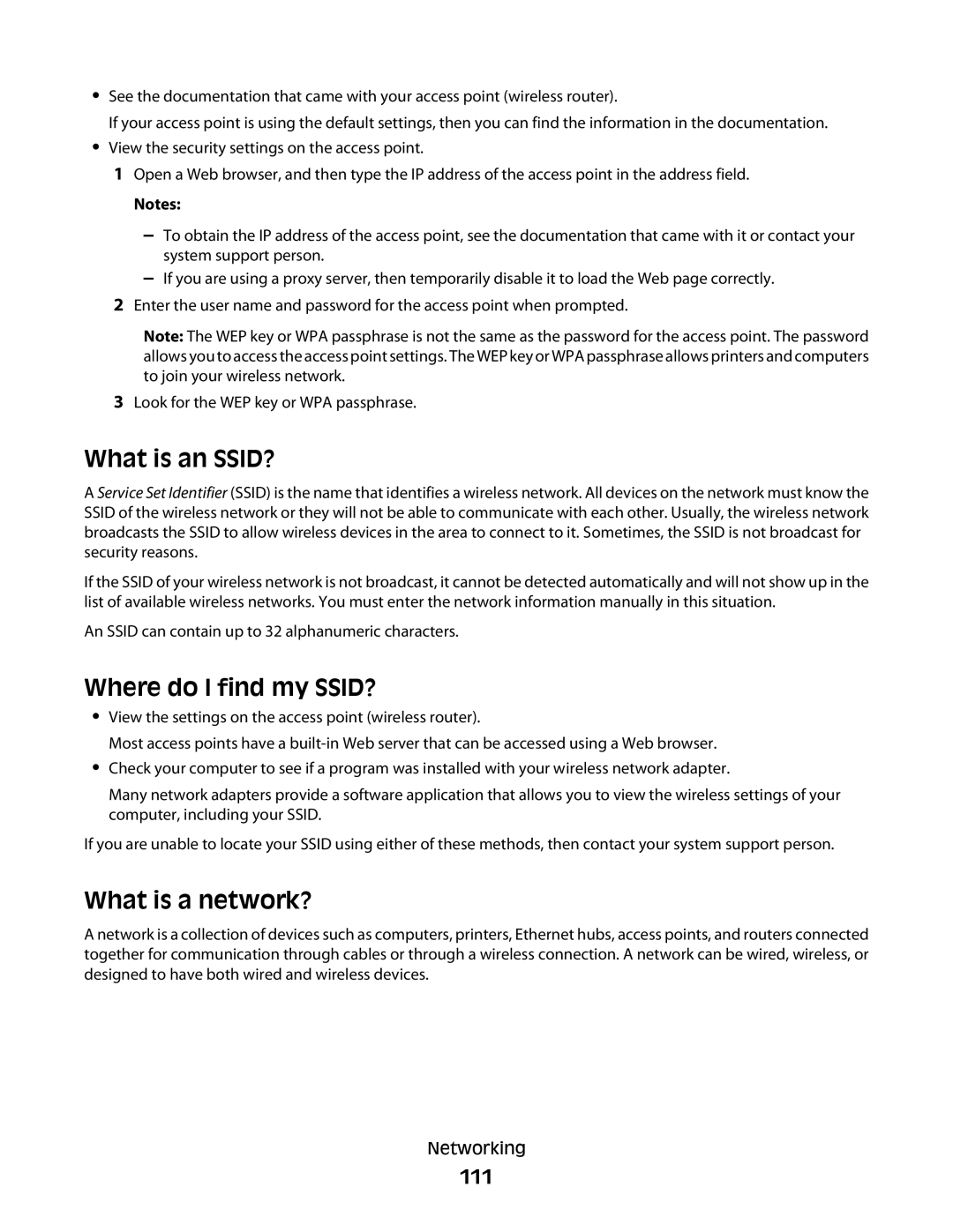 Lexmark S800 manual What is an SSID?, Where do I find my SSID?, What is a network?, 111 