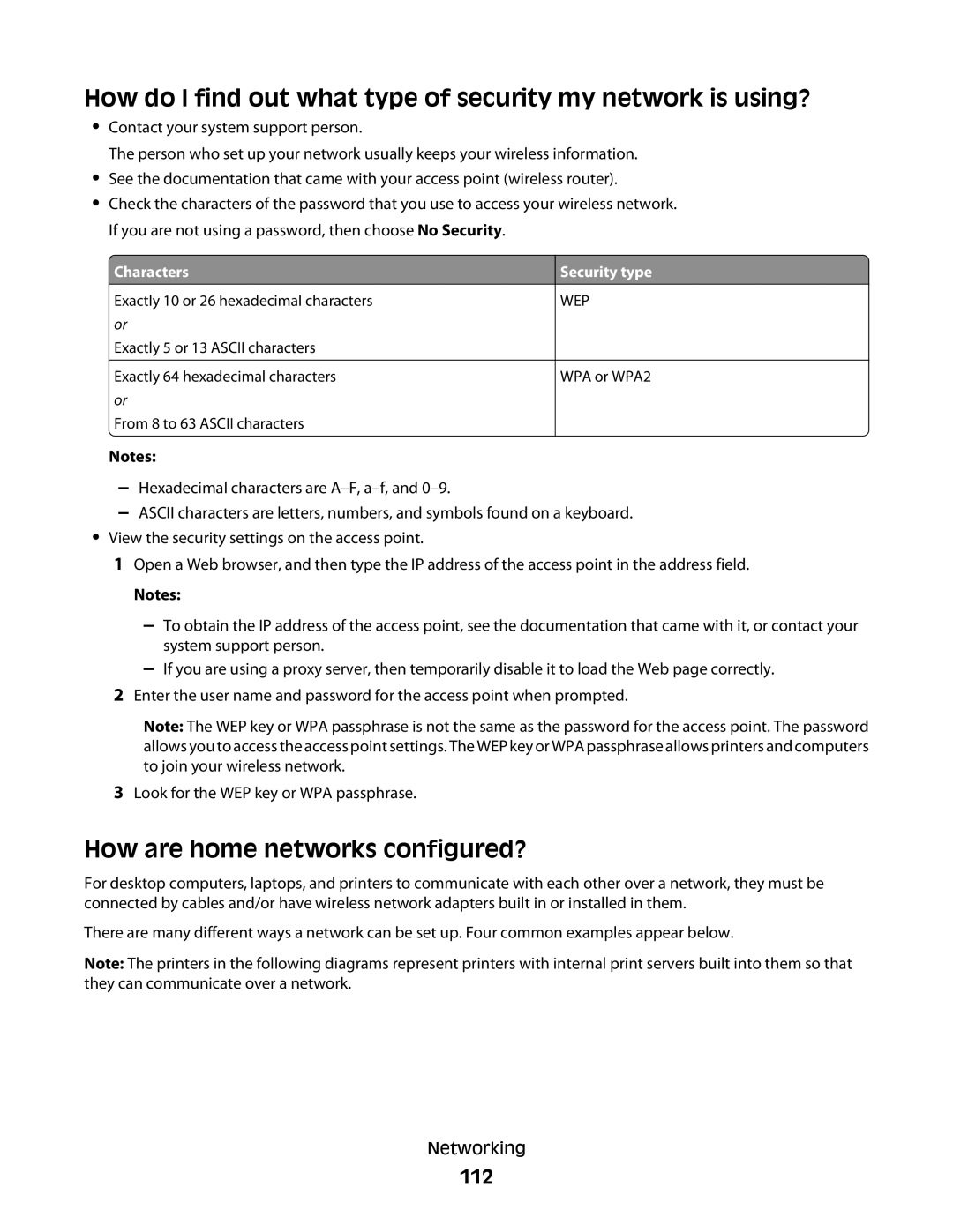 Lexmark S800 manual How are home networks configured?, 112, Characters, Security type 