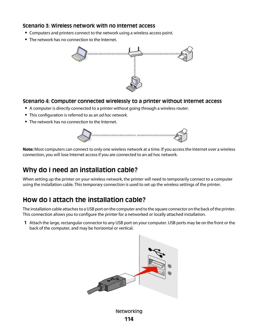 Lexmark S800 manual Why do I need an installation cable?, How do I attach the installation cable?, 114 