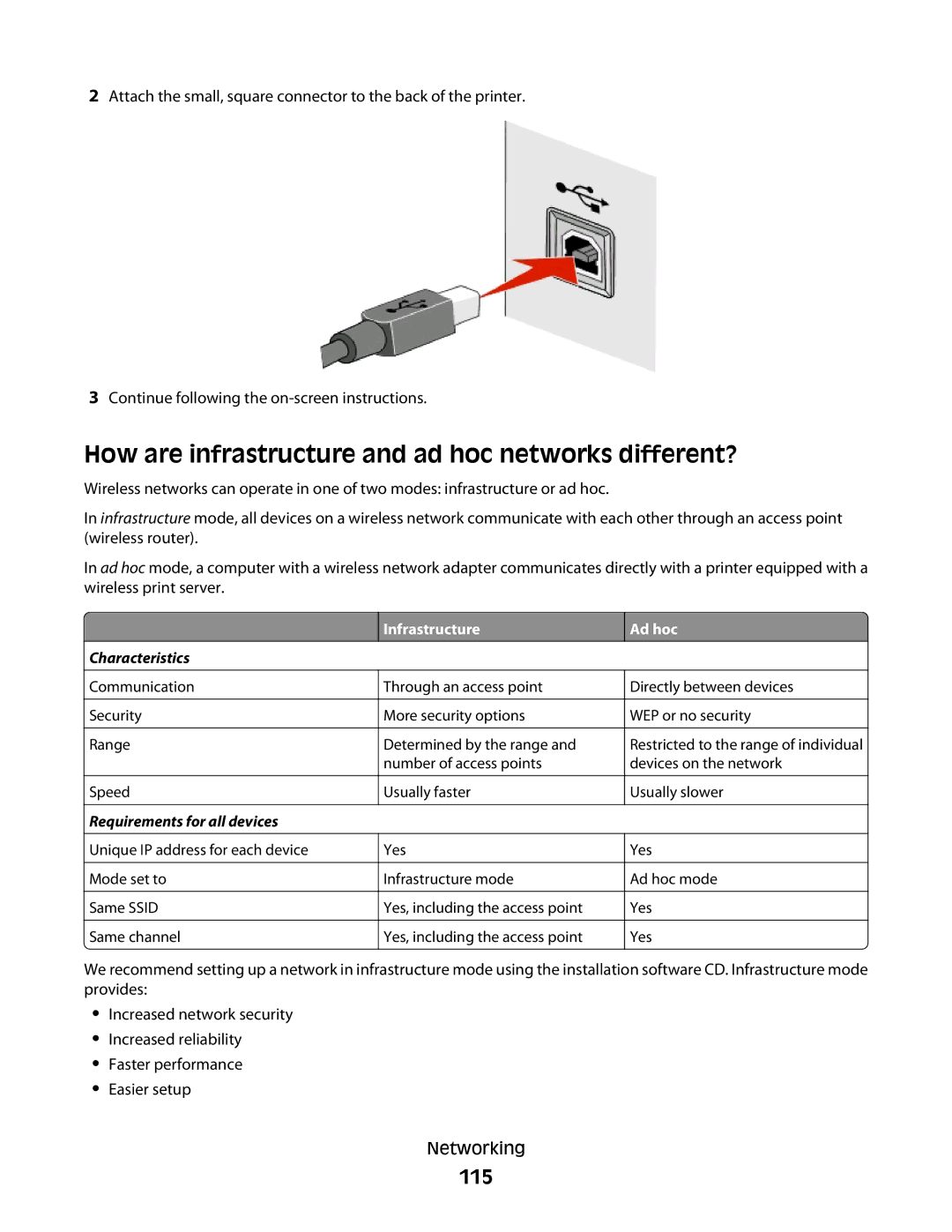 Lexmark S800 manual How are infrastructure and ad hoc networks different?, 115, Infrastructure, Ad hoc 