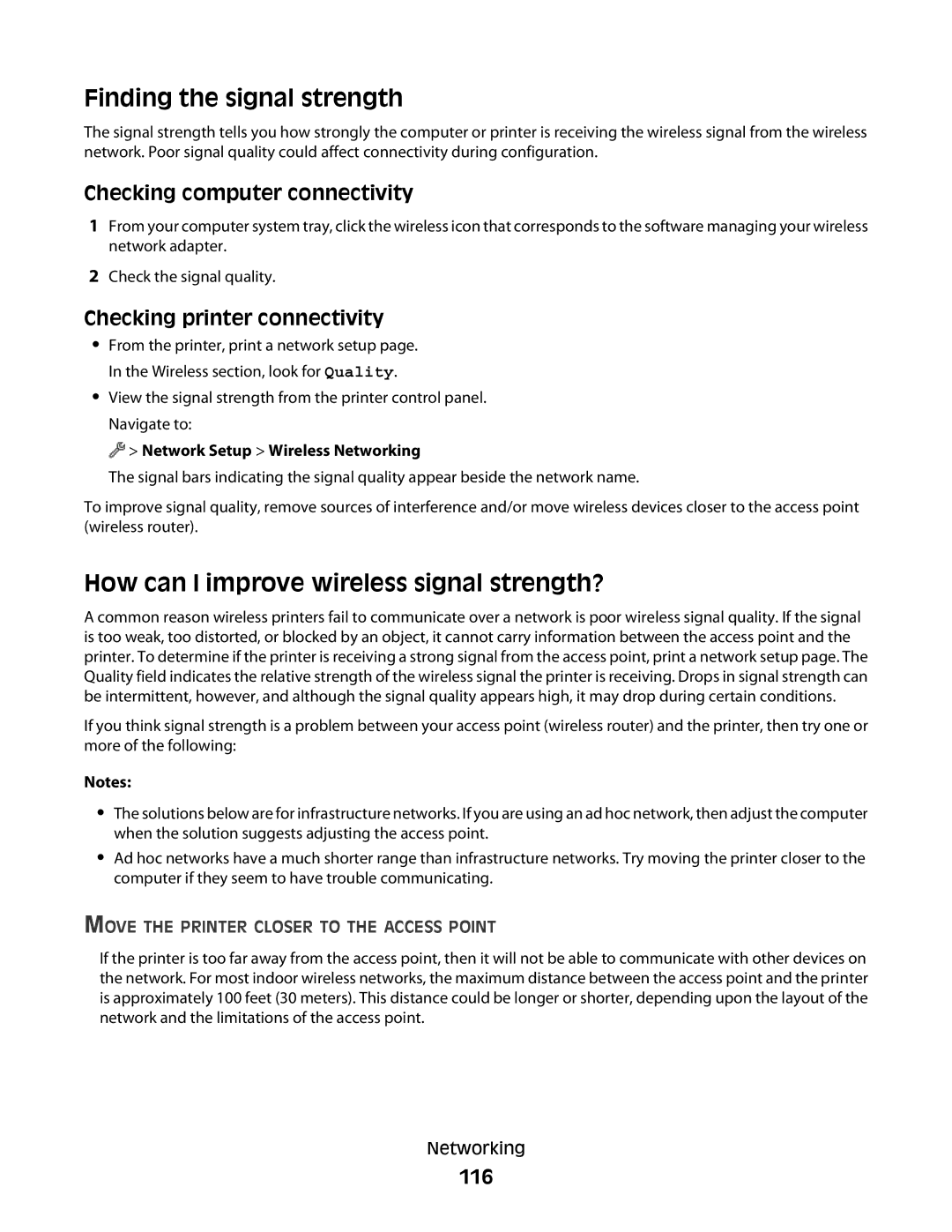 Lexmark S800 Finding the signal strength, How can I improve wireless signal strength?, Checking computer connectivity, 116 