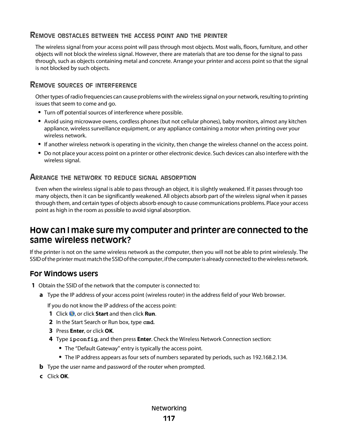 Lexmark S800 manual 117, Remove Obstacles Between the Access Point and the Printer, Remove Sources of Interference 