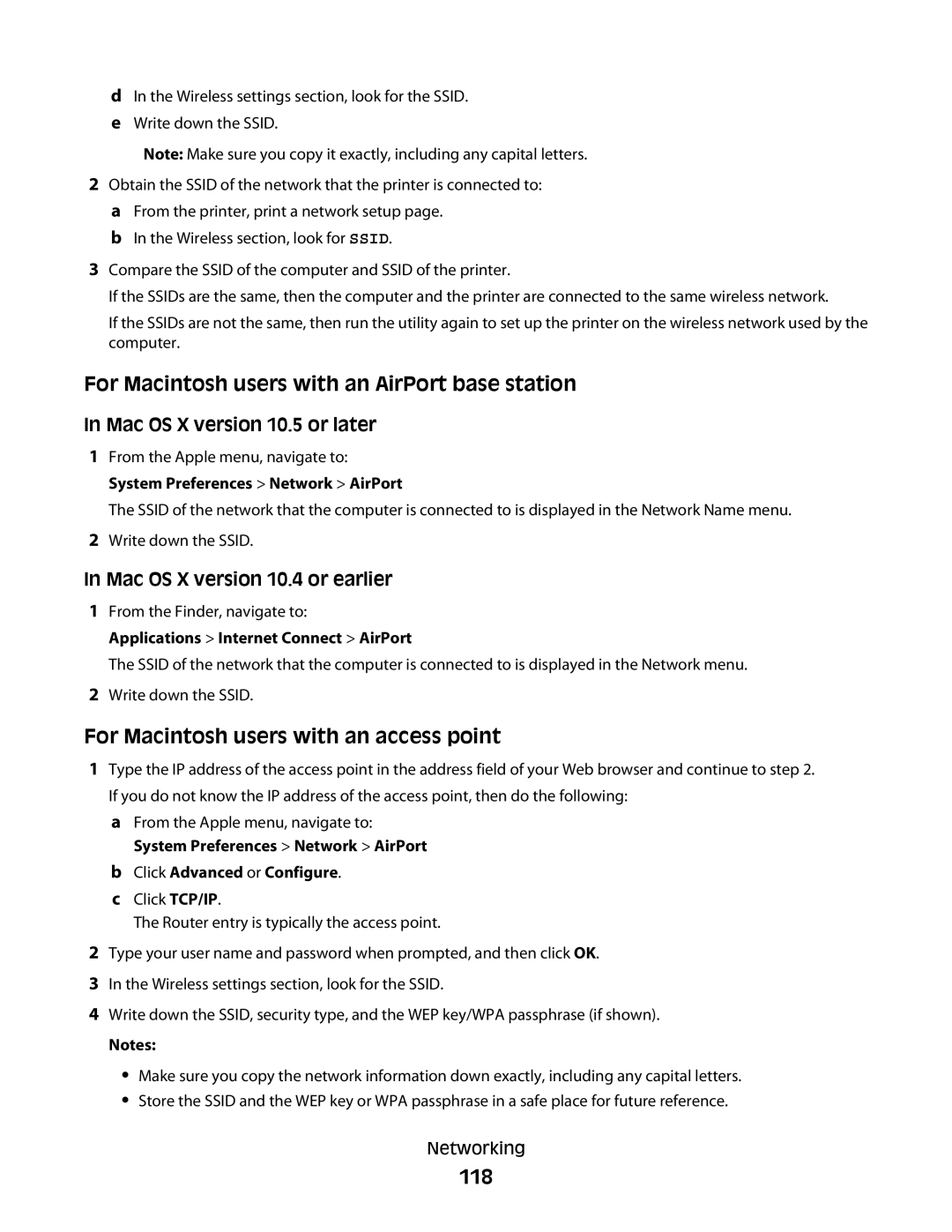 Lexmark S800 manual For Macintosh users with an AirPort base station, For Macintosh users with an access point, 118 