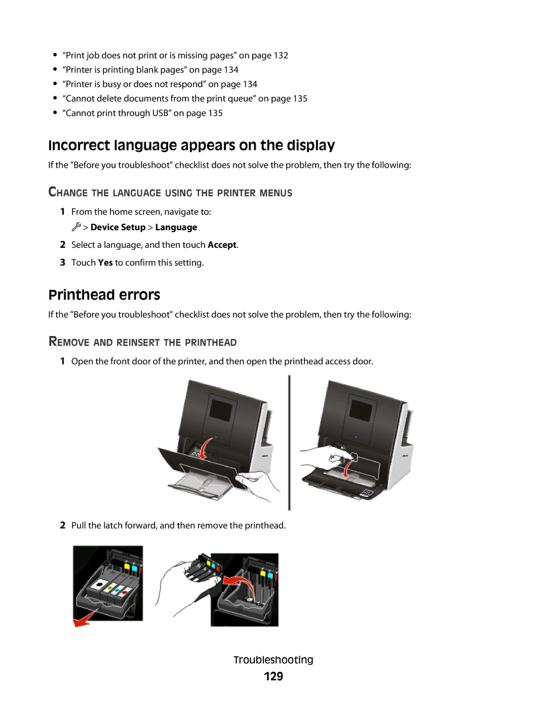 Lexmark S800 Incorrect language appears on the display, Printhead errors, 129, Change the Language Using the Printer Menus 