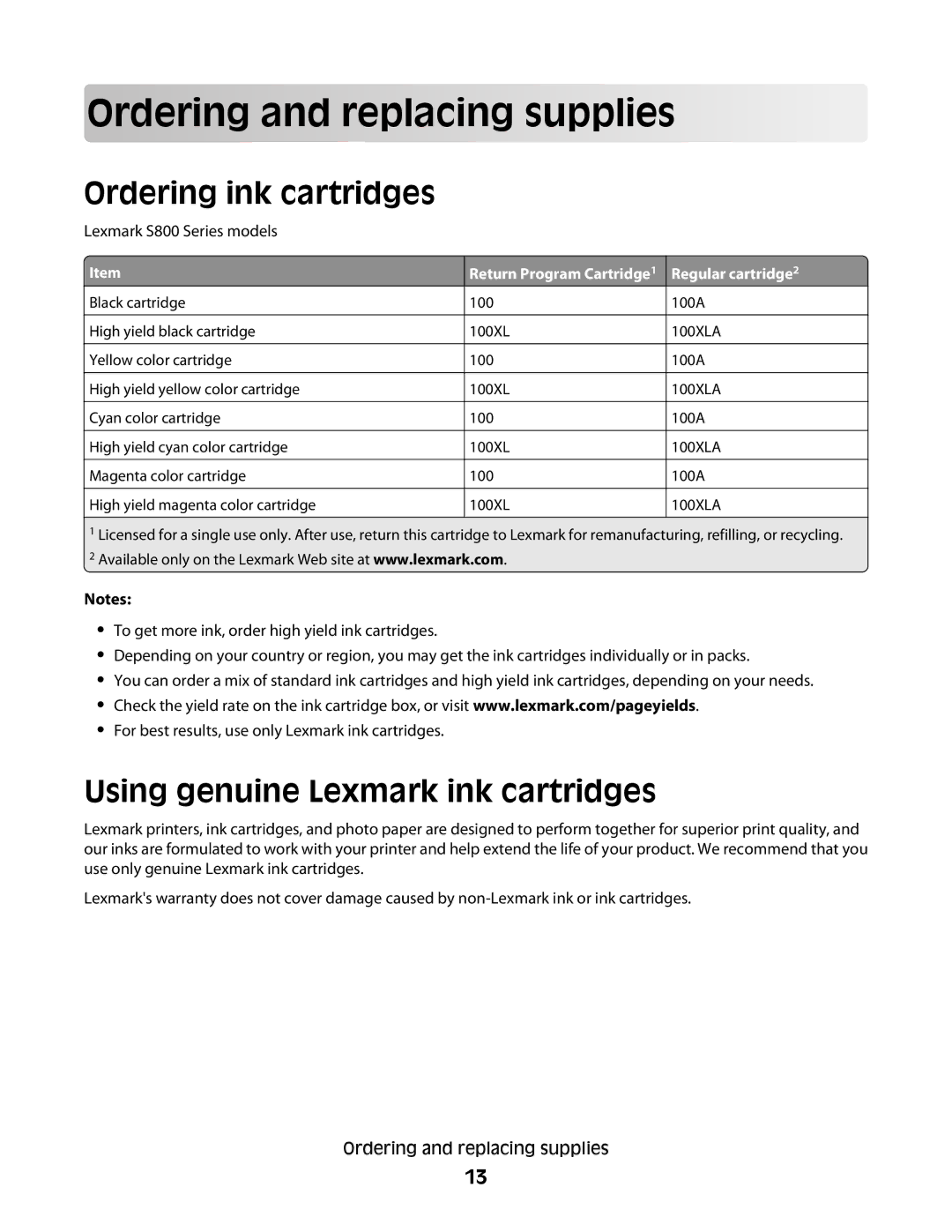 Lexmark S800 manual Orde rin g and replac in g supplies, Ordering ink cartridges, Using genuine Lexmark ink cartridges 