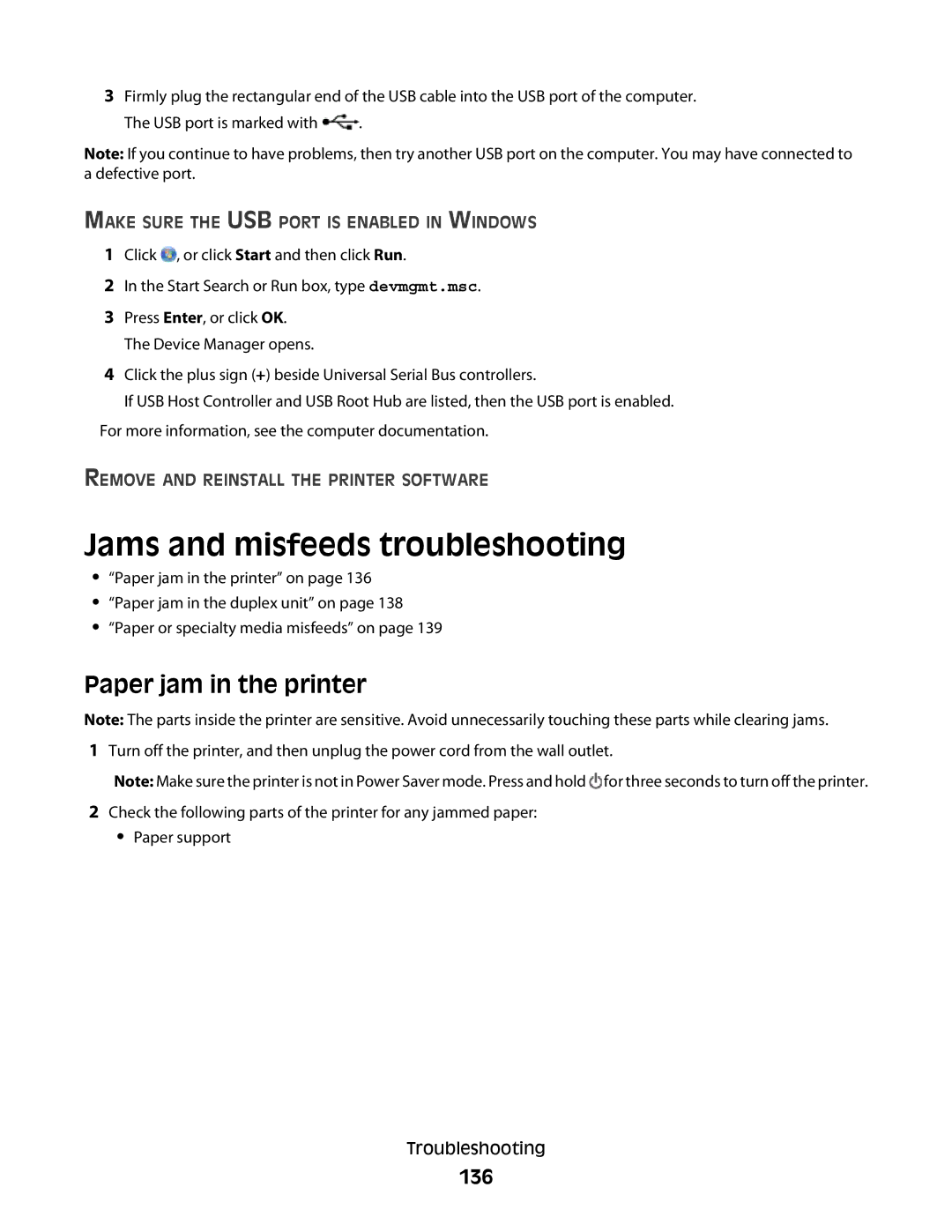 Lexmark S800 manual Jams and misfeeds troubleshooting, Paper jam in the printer, 136 