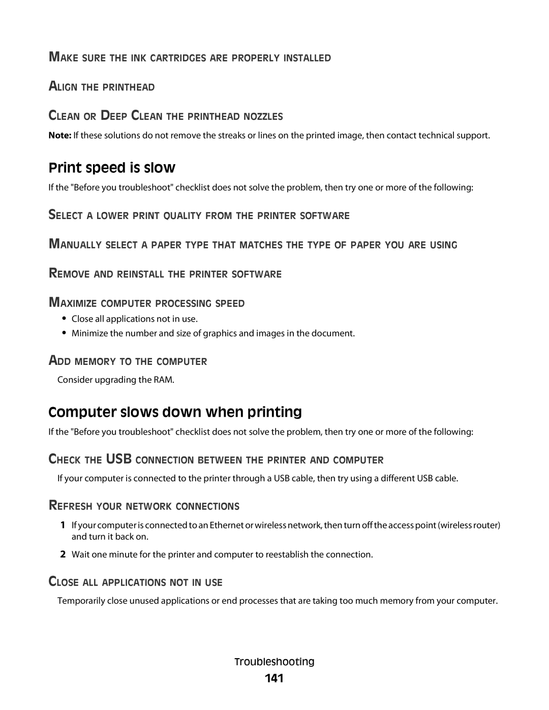 Lexmark S800 manual Print speed is slow, Computer slows down when printing, 141 