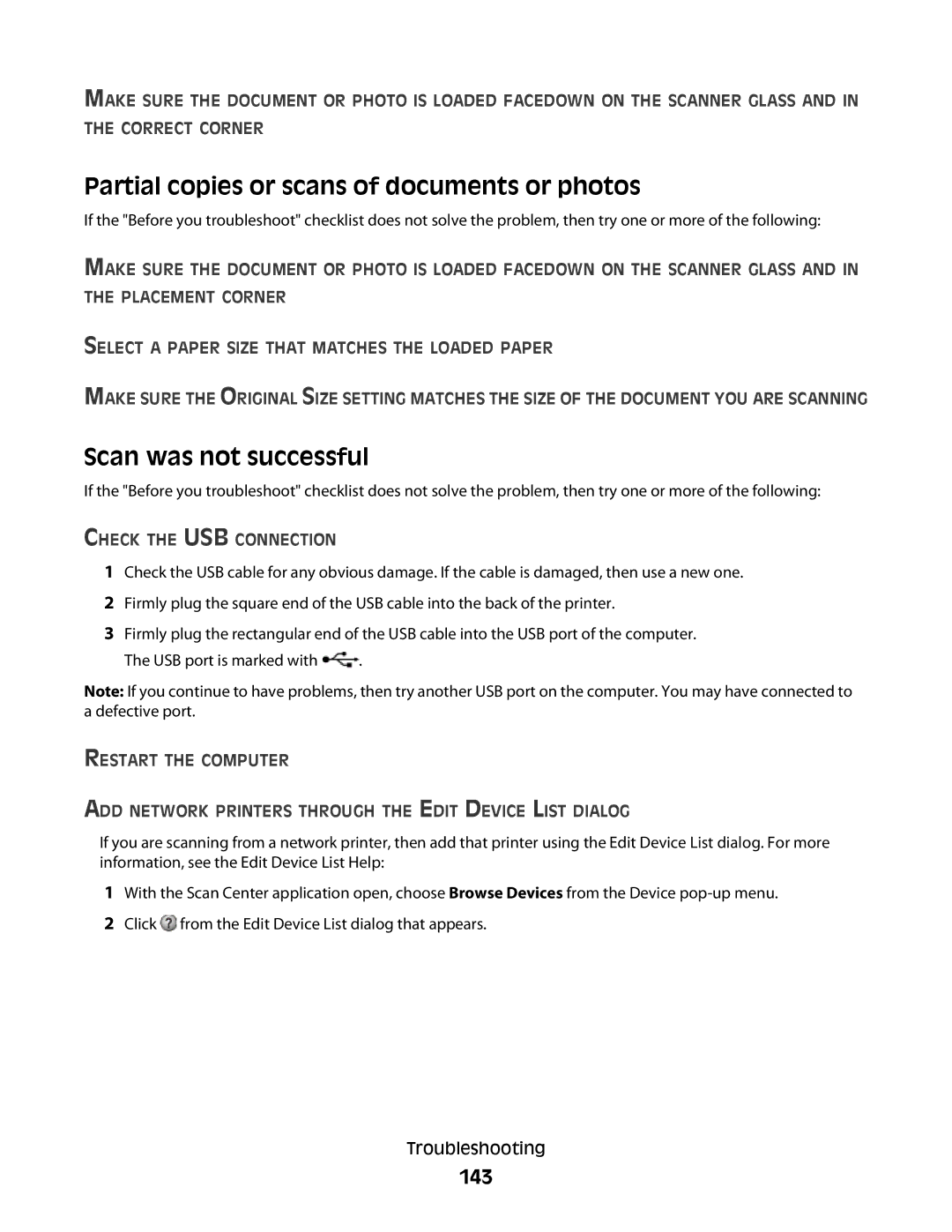 Lexmark S800 manual Partial copies or scans of documents or photos, Scan was not successful, 143 