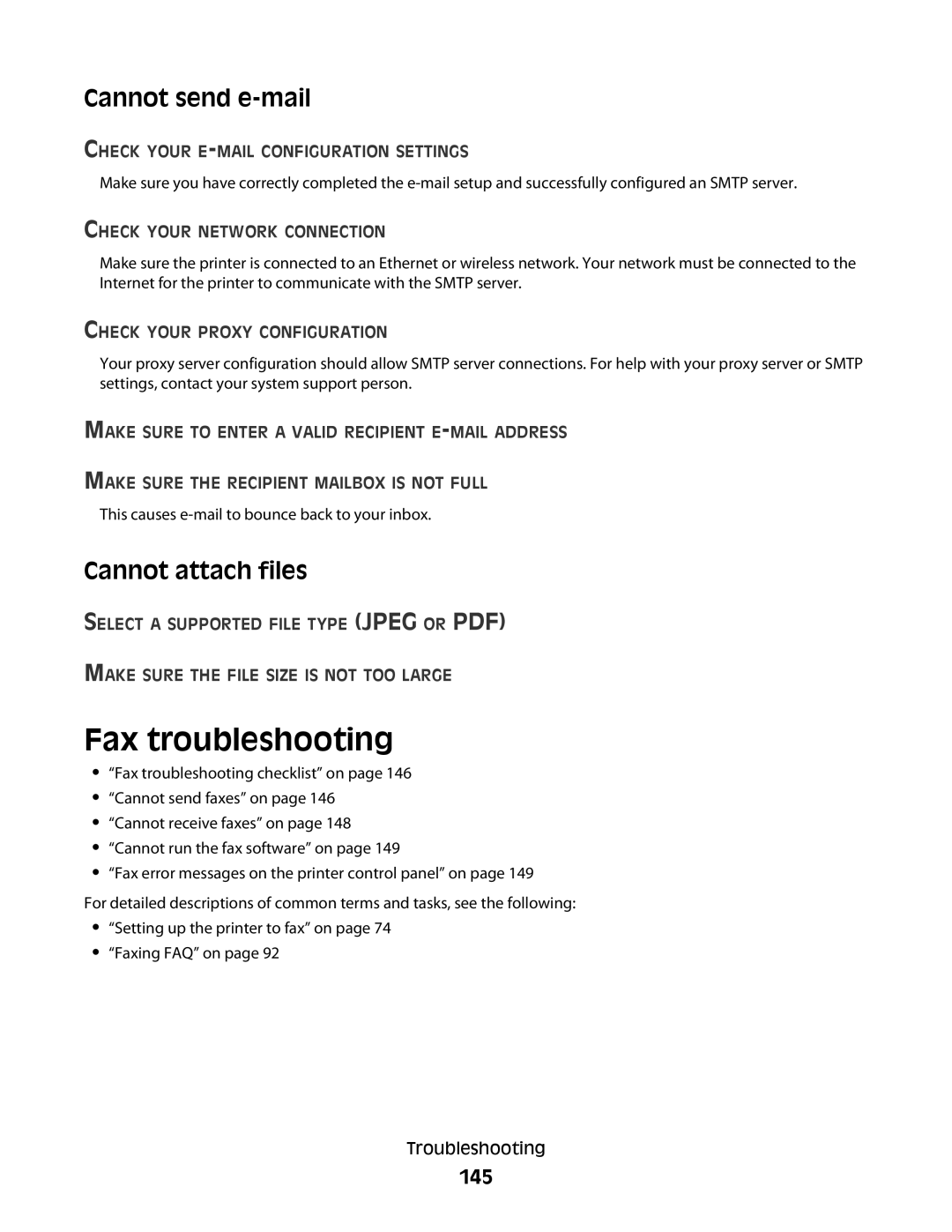 Lexmark S800 manual Fax troubleshooting, Cannot send e-mail, Cannot attach files, 145 