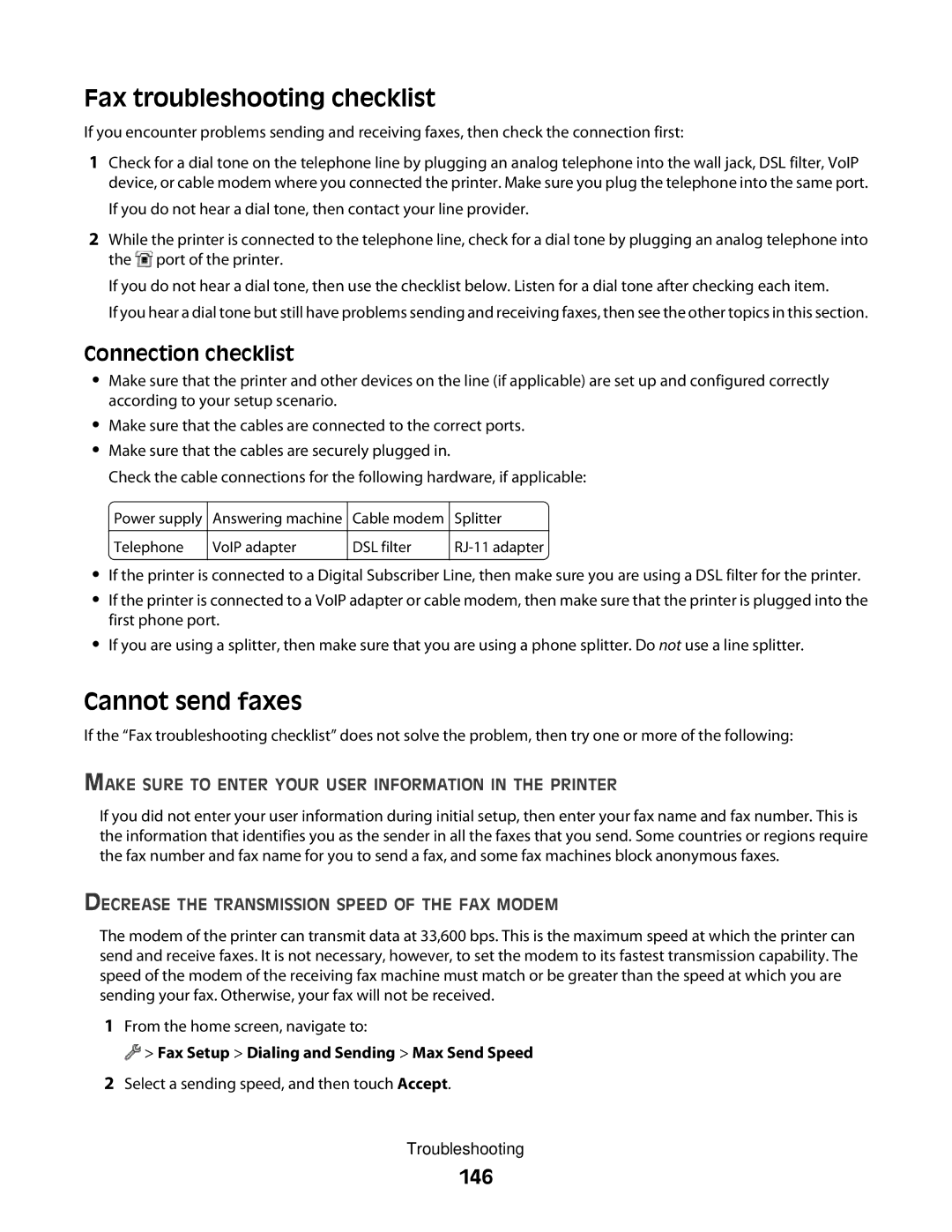 Lexmark S800 manual Fax troubleshooting checklist, Cannot send faxes, Connection checklist, 146 