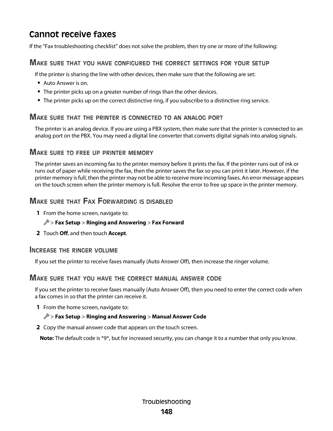 Lexmark S800 manual Cannot receive faxes, 148 