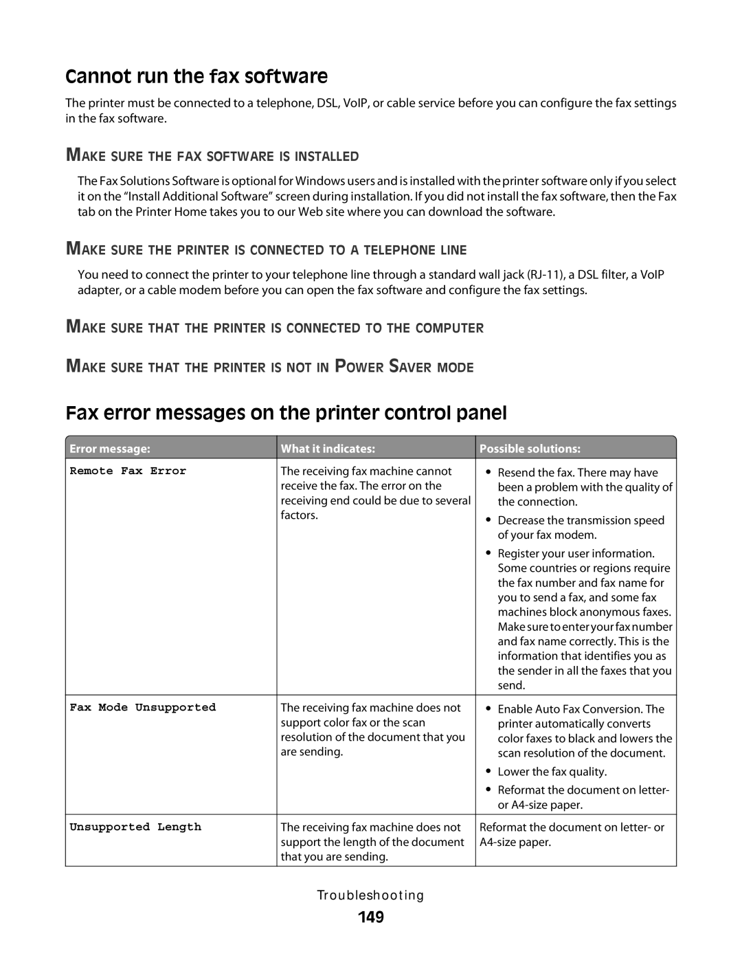 Lexmark S800 manual Cannot run the fax software, Fax error messages on the printer control panel, 149 