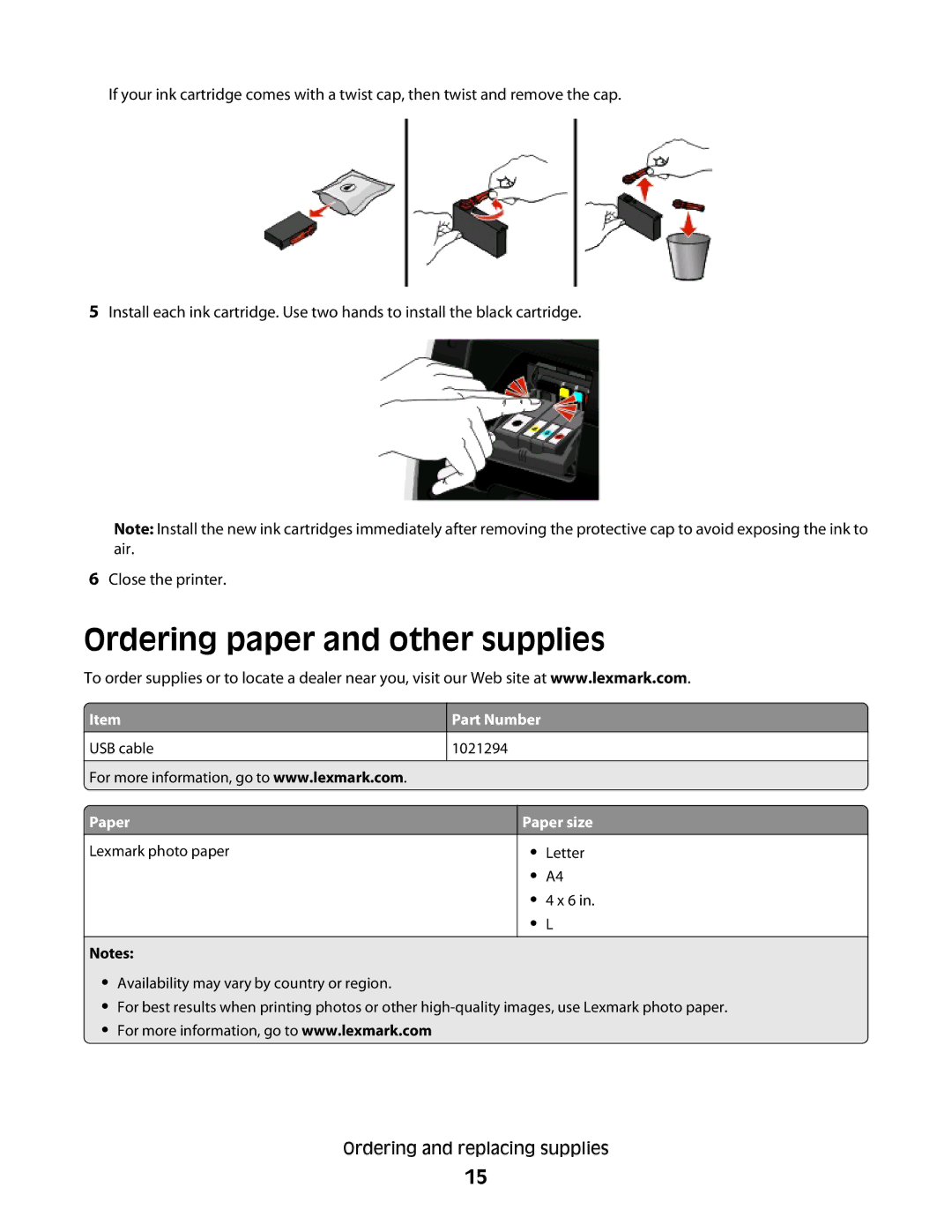 Lexmark S800 manual Ordering paper and other supplies, Part Number, Paper size 