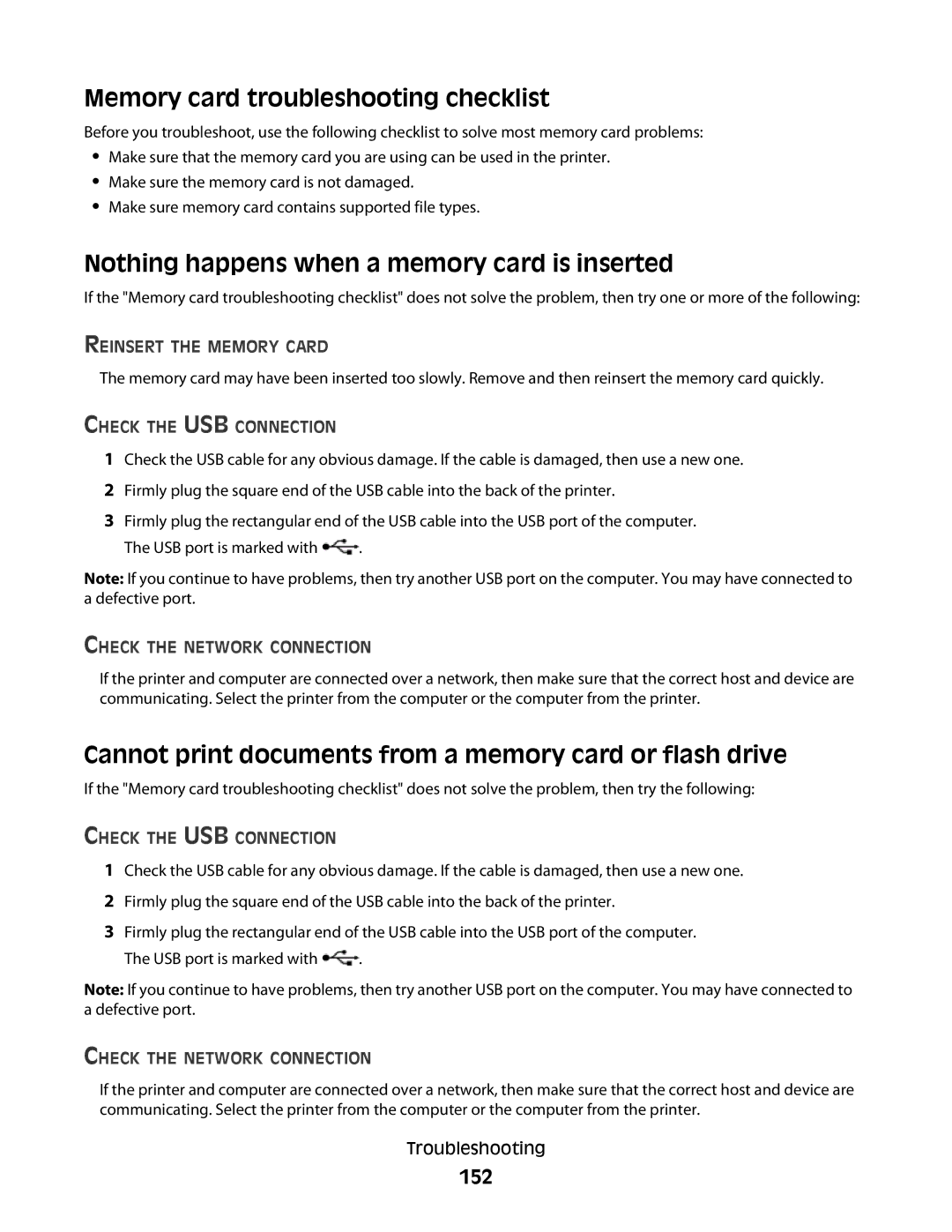 Lexmark S800 manual Memory card troubleshooting checklist, Nothing happens when a memory card is inserted, 152 