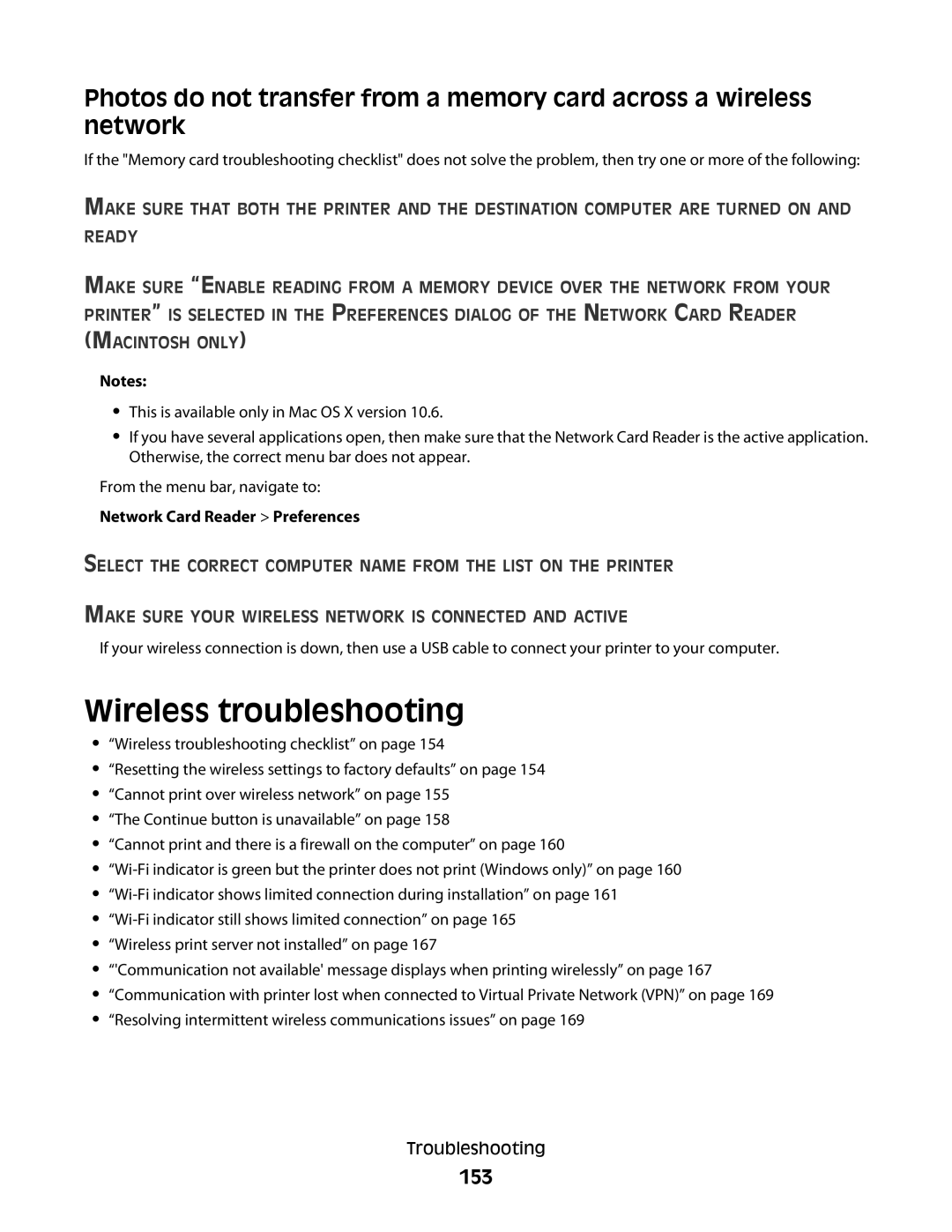 Lexmark S800 manual Wireless troubleshooting, 153, Network Card Reader Preferences 