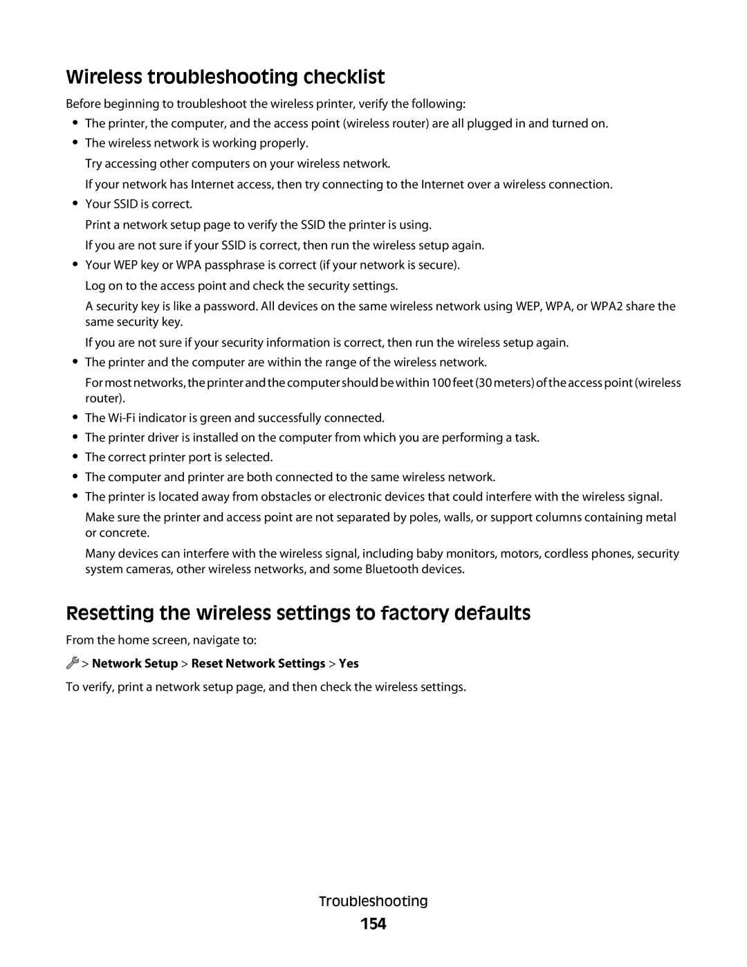 Lexmark S800 manual Wireless troubleshooting checklist, Resetting the wireless settings to factory defaults, 154 