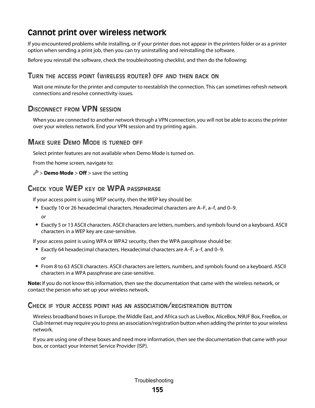 Lexmark S800 manual Cannot print over wireless network, 155 