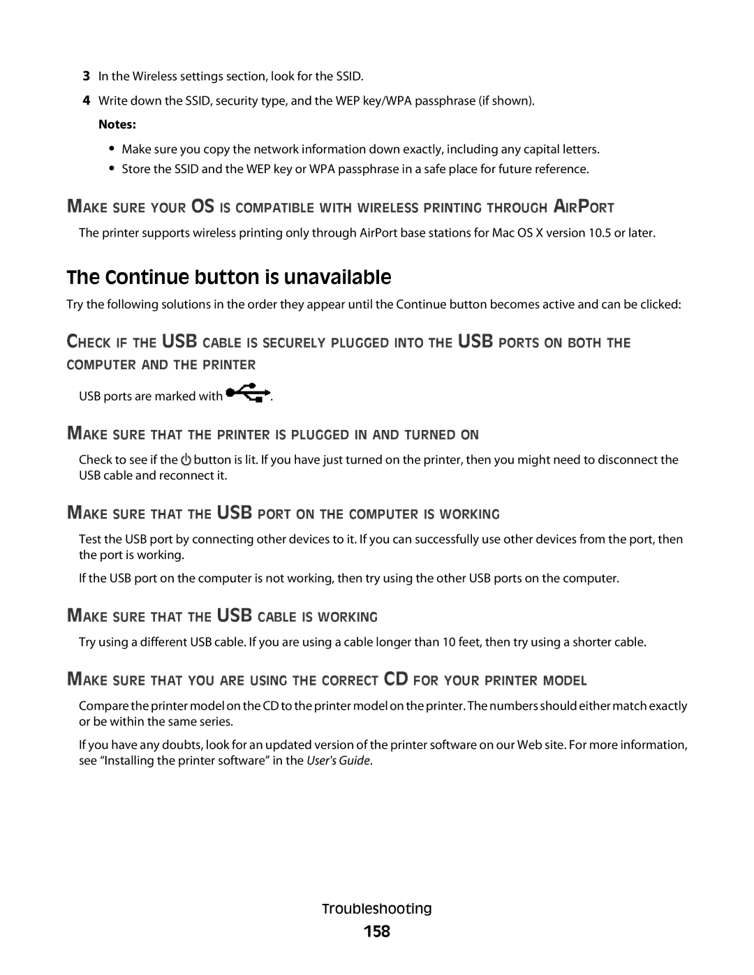 Lexmark S800 manual Continue button is unavailable, 158, Make Sure That the Printer is Plugged in and Turned on 