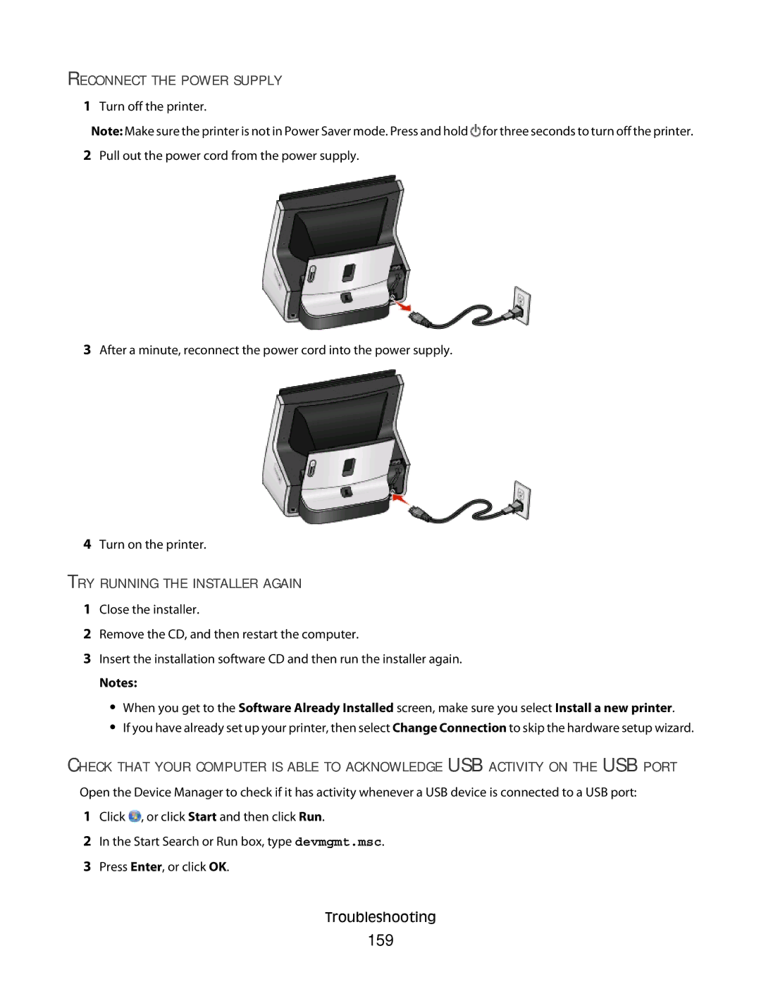 Lexmark S800 manual 159, Reconnect the Power Supply, TRY Running the Installer Again 