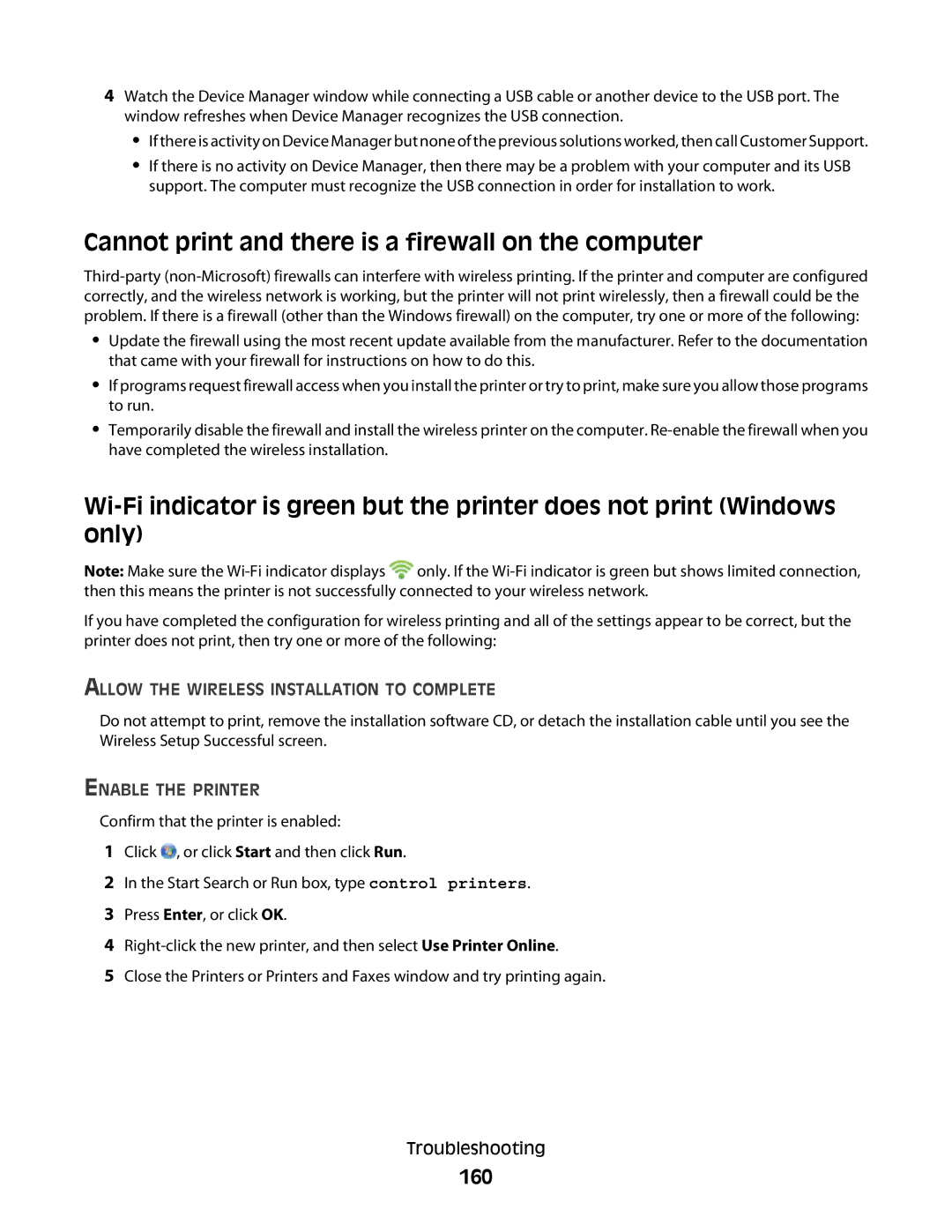 Lexmark S800 manual Cannot print and there is a firewall on the computer, 160, Allow the Wireless Installation to Complete 