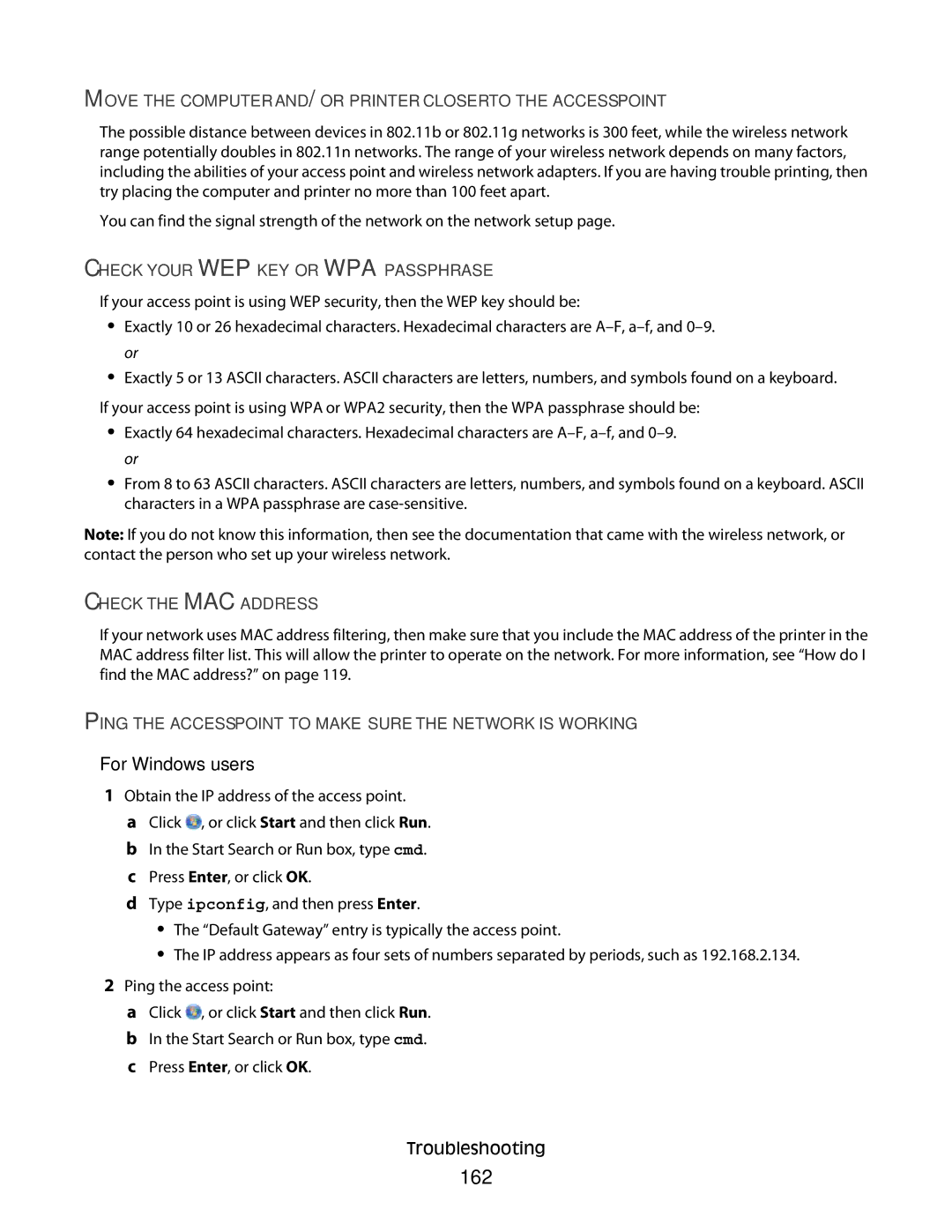 Lexmark S800 manual 162, Check the MAC Address, Ping the Access Point to Make Sure the Network is Working 