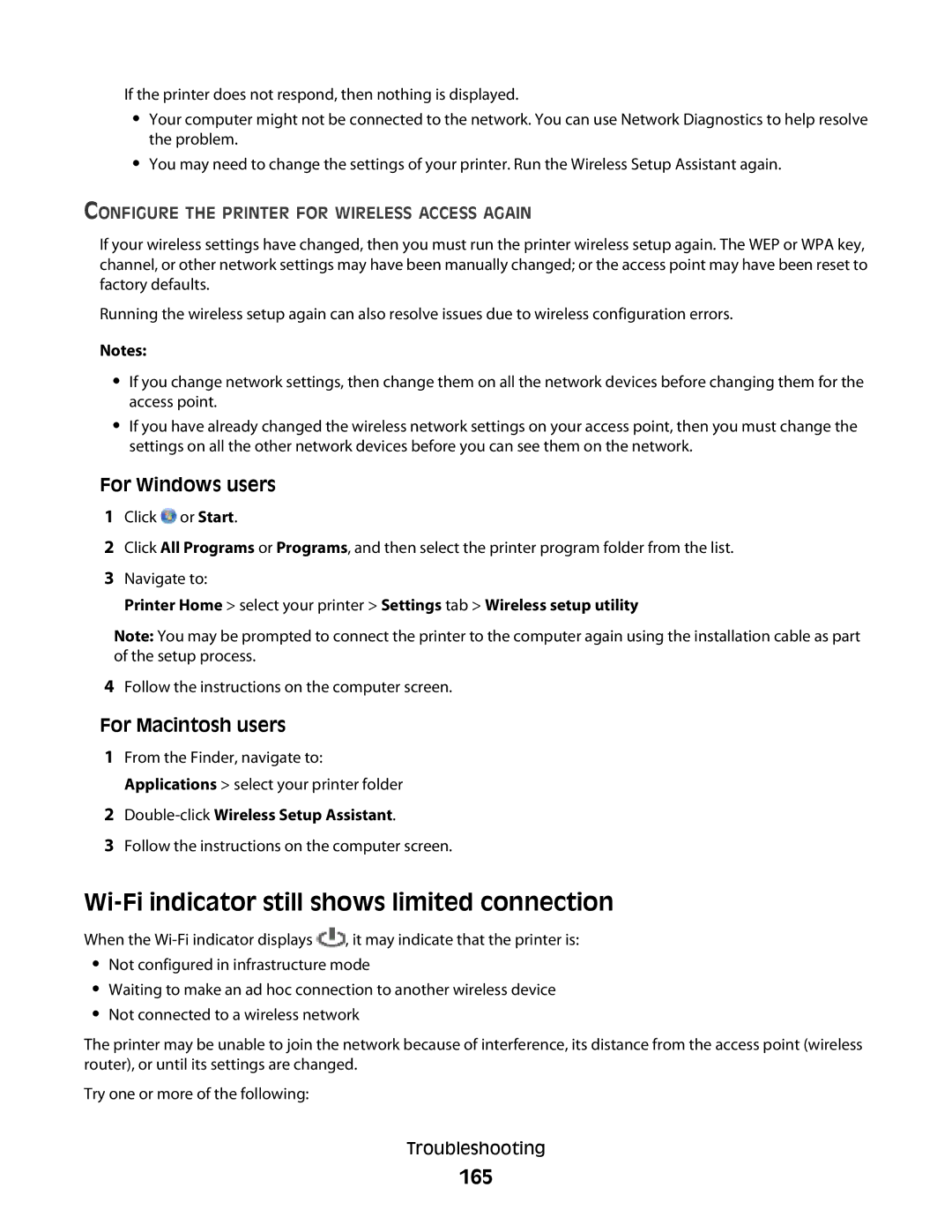 Lexmark S800 manual Wi-Fi indicator still shows limited connection, 165, Configure the Printer for Wireless Access Again 