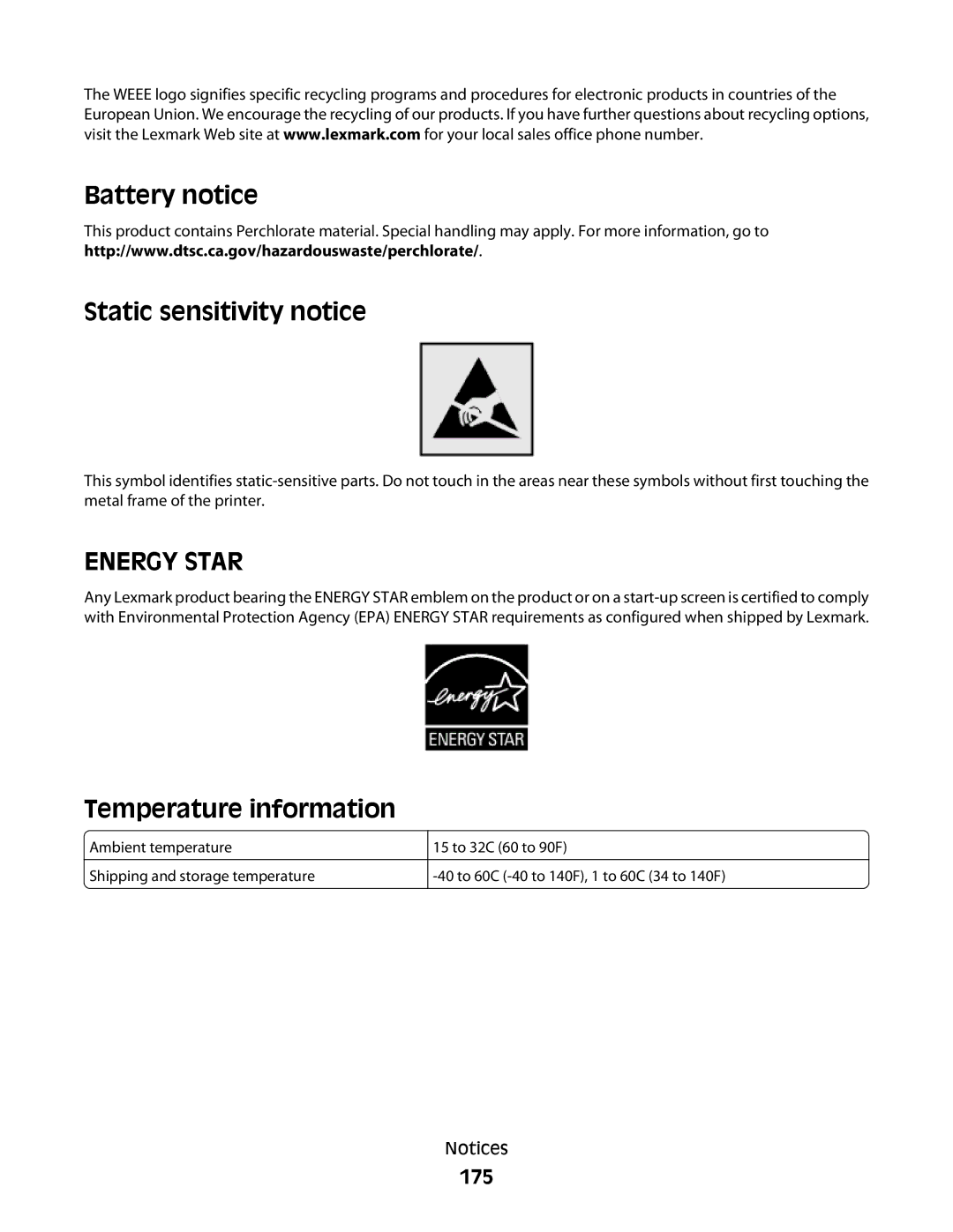 Lexmark S800 manual Battery notice Static sensitivity notice, Temperature information, 175 