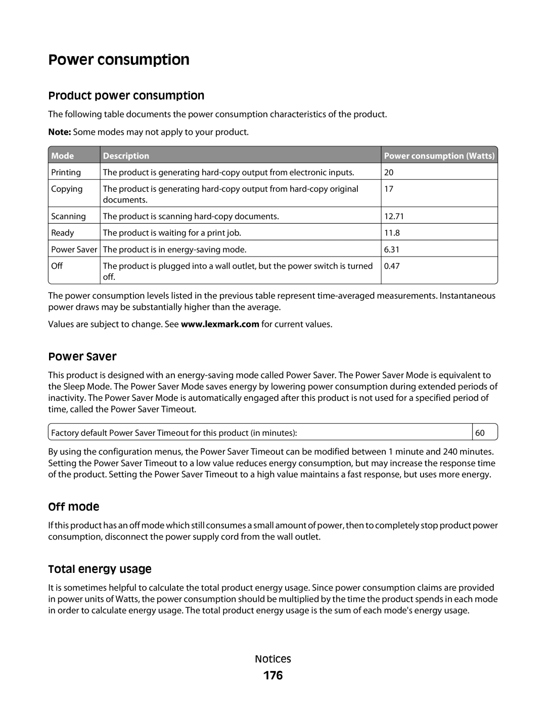 Lexmark S800 manual Power consumption, 176 