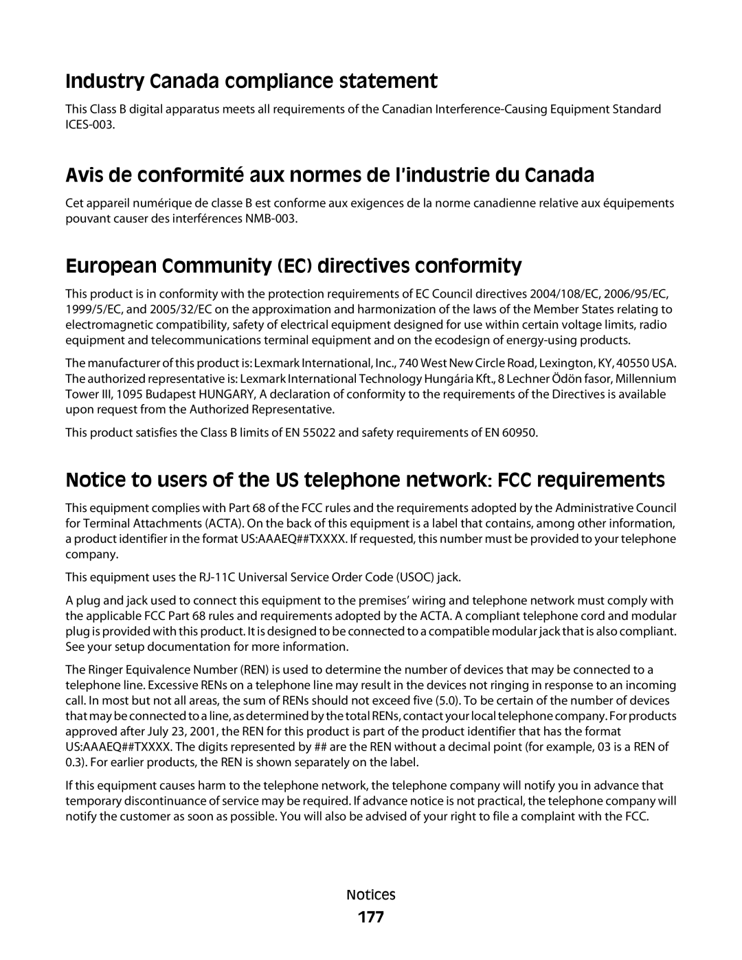 Lexmark S800 manual Industry Canada compliance statement, Avis de conformité aux normes de l’industrie du Canada, 177 