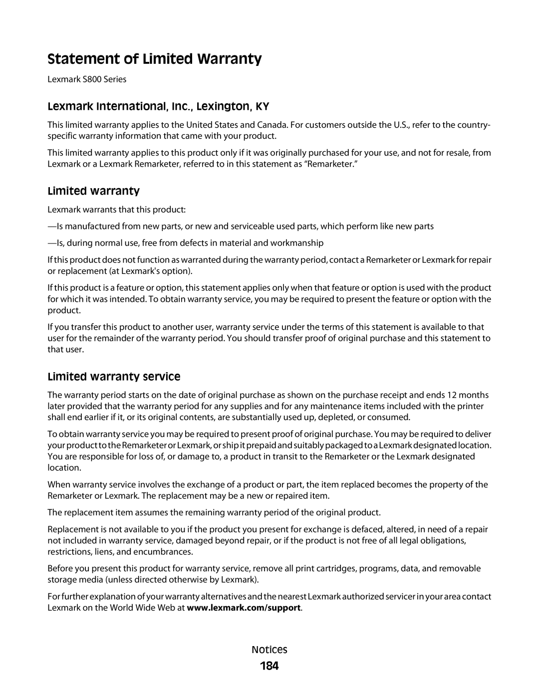 Lexmark S800 manual Statement of Limited Warranty, 184, Lexmark International, Inc., Lexington, KY, Limited warranty 