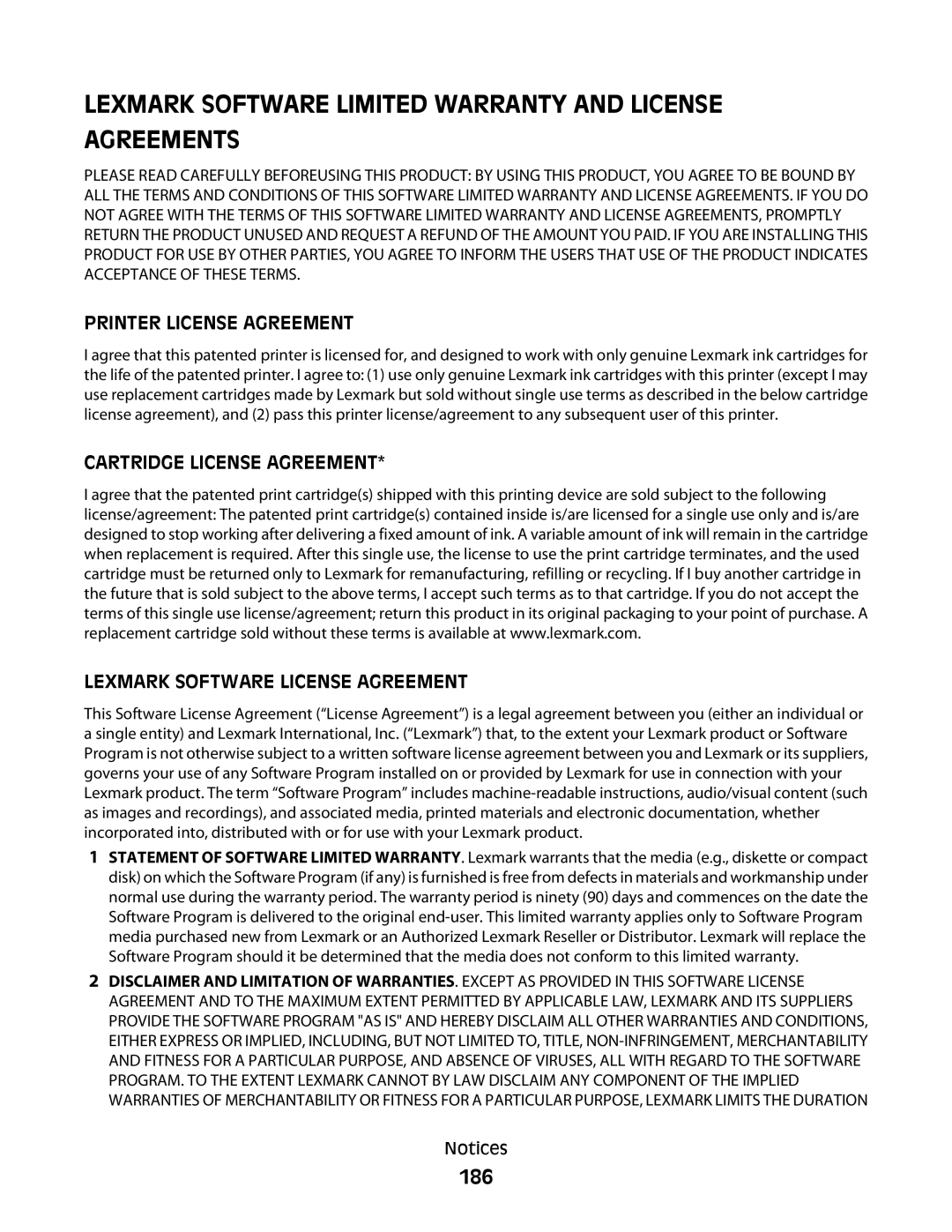 Lexmark S800 manual Lexmark Software Limited Warranty and License Agreements, 186 